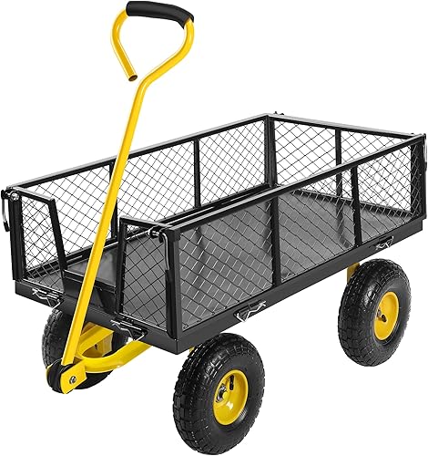 Rengue Carrito de jardín resistente, carrito de jardín de acero de gran capacidad de 900 libras, carro utilitario con lados extraíbles y mango