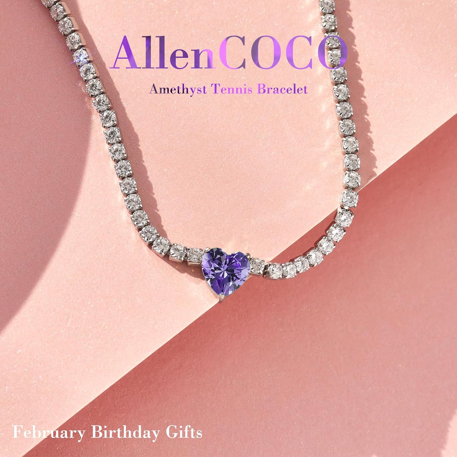 AllenCOCO Sterling Silver Heart Birthstone Bracelet, 14K White Gold Plated, AAAAA+ CZ Cubic Zirconia, Tennis Chain with Heart Charm, Hypoallergenic, Non-Tarnish Jewelry Gift for Women - Image 2