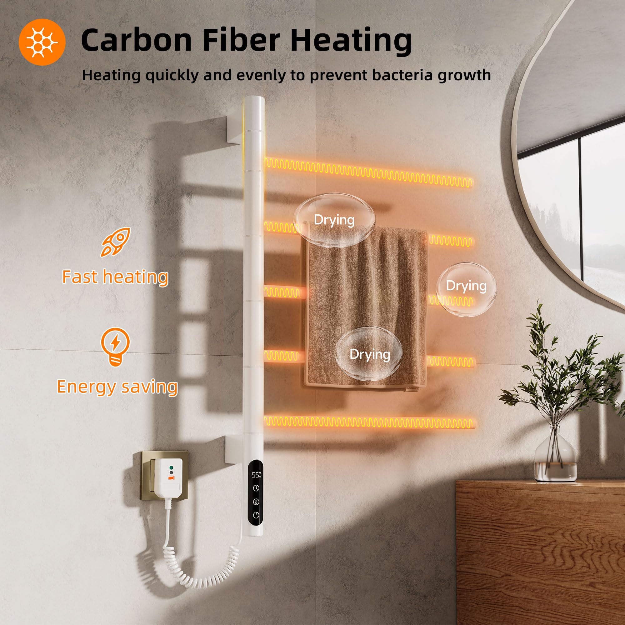 Verwarmd Handdoekenrek, 180° Rotatie Elektrisch Handdoekrek Thermostaat Verwarmd, Wandgemonteerd Handdoekladderrek, Handdoekwarmer, met Instelbare Timer Temperatuur-G63 WiFi|Black