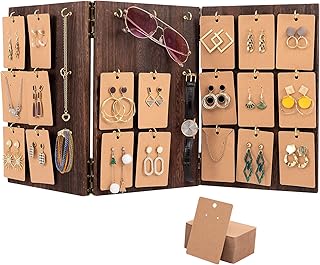 Aulock Wooden Jewelry Display Stand - 3-Sided Panel Earring Display Stands for Selling Earrings Rings & KeyChain Display with 27 Hooks & 100 Earring Cards for Store Showcase and Home(Brown)