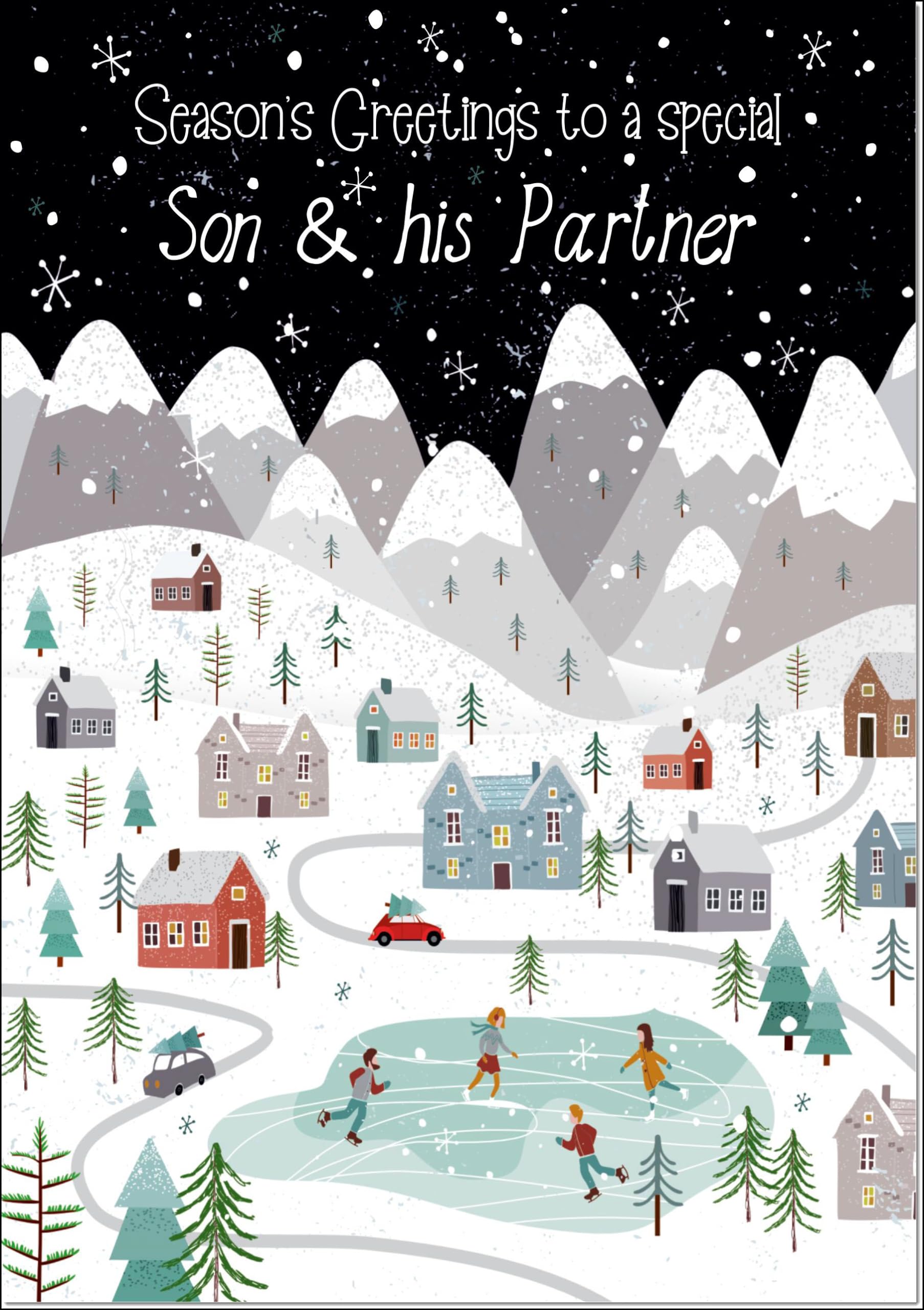 doodlecards Son and Partner Christmas Card Mountain Scene In Snowy Village Large A4 Size Christmas Card for Son & Partner with Plain Envelope — image 1