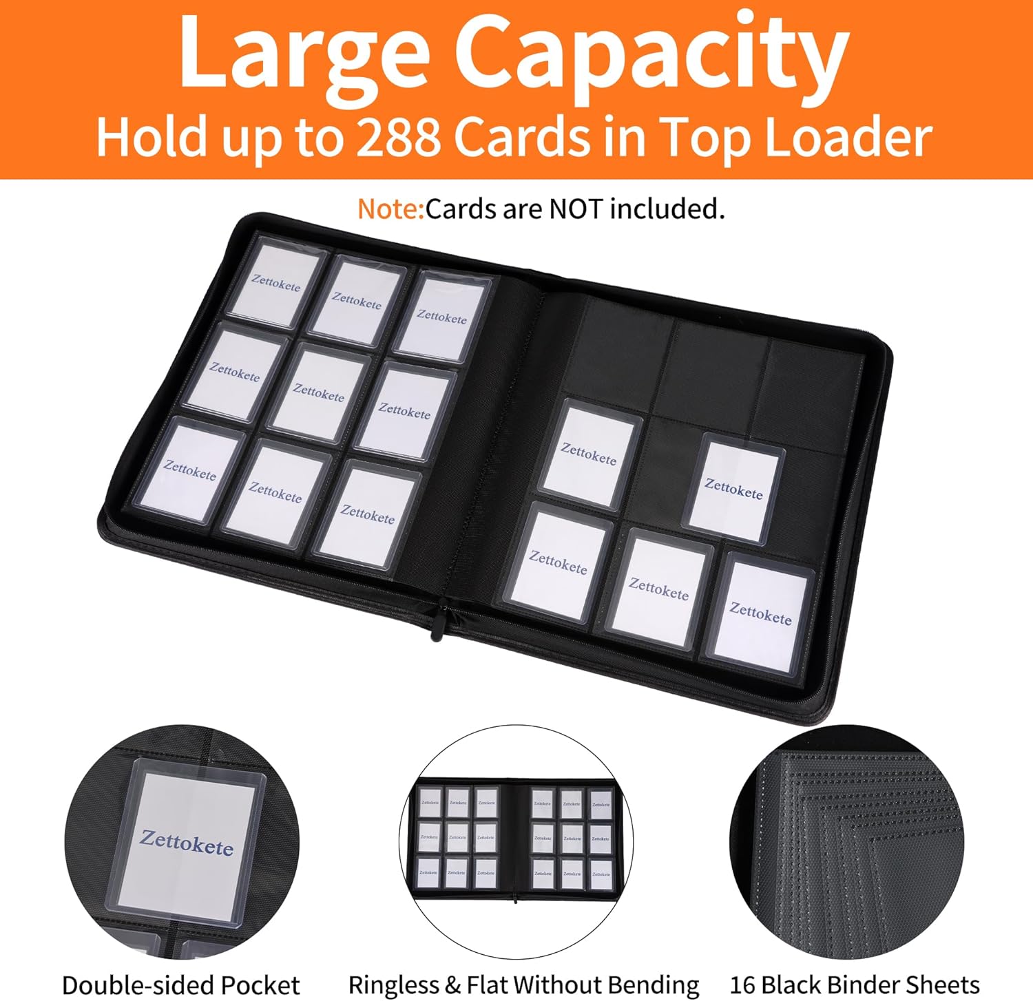 Toploader Binder 9 Pocket, Top Loader Binder for High-Value Trading Cards - Holds 288 Cards in 3" x 4" Top Loaders, Includes 20 Toploaders, Collectible Card Album for TCG, Sports Card, Black