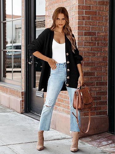 Miniatura 3 de MASCOMODA Cárdigan de punto trenzado de gran tamaño para mujer, de manga larga, para otoño, abierto, con botones, de punto grueso, abrigo para