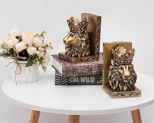 Miniatura 8 de Sujetalibros decorativos de estatua de león (juego de 2) escultura de león corona para regalo de Leo, sujetalibros resistentes, extremos