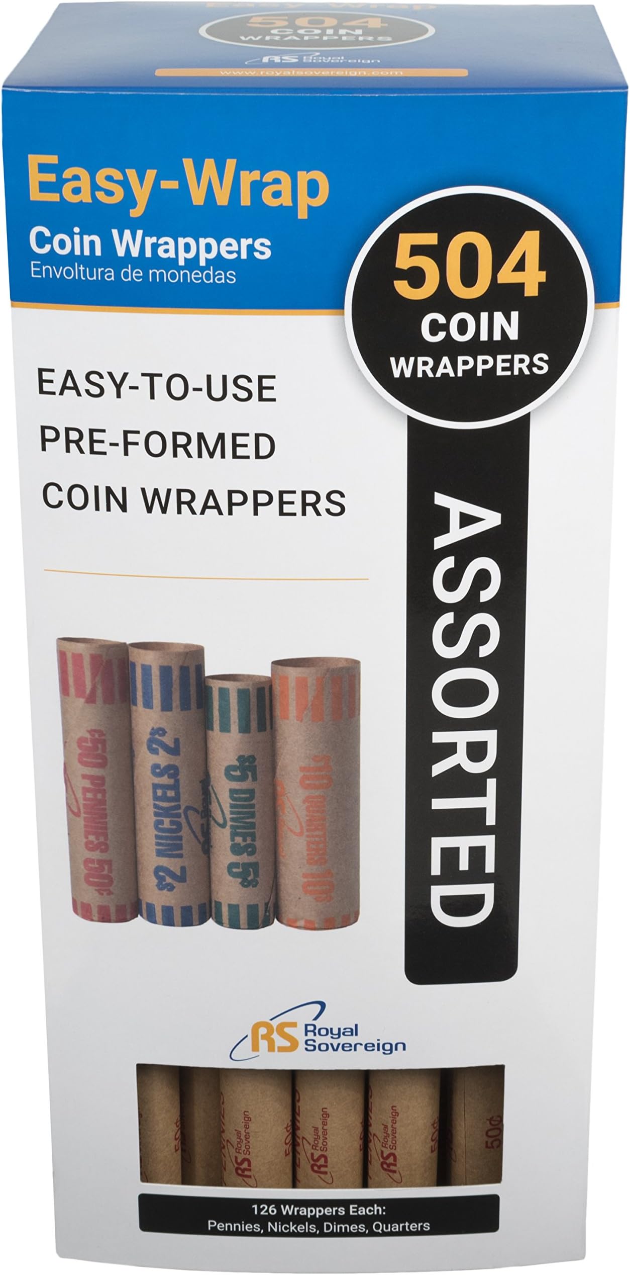 Royal Sovereign Preformed Coin Wrappers. 504 Assortment Pack, Penny, Nickel, Dime, and Quarter Coin Wrappers (FSW-504A)