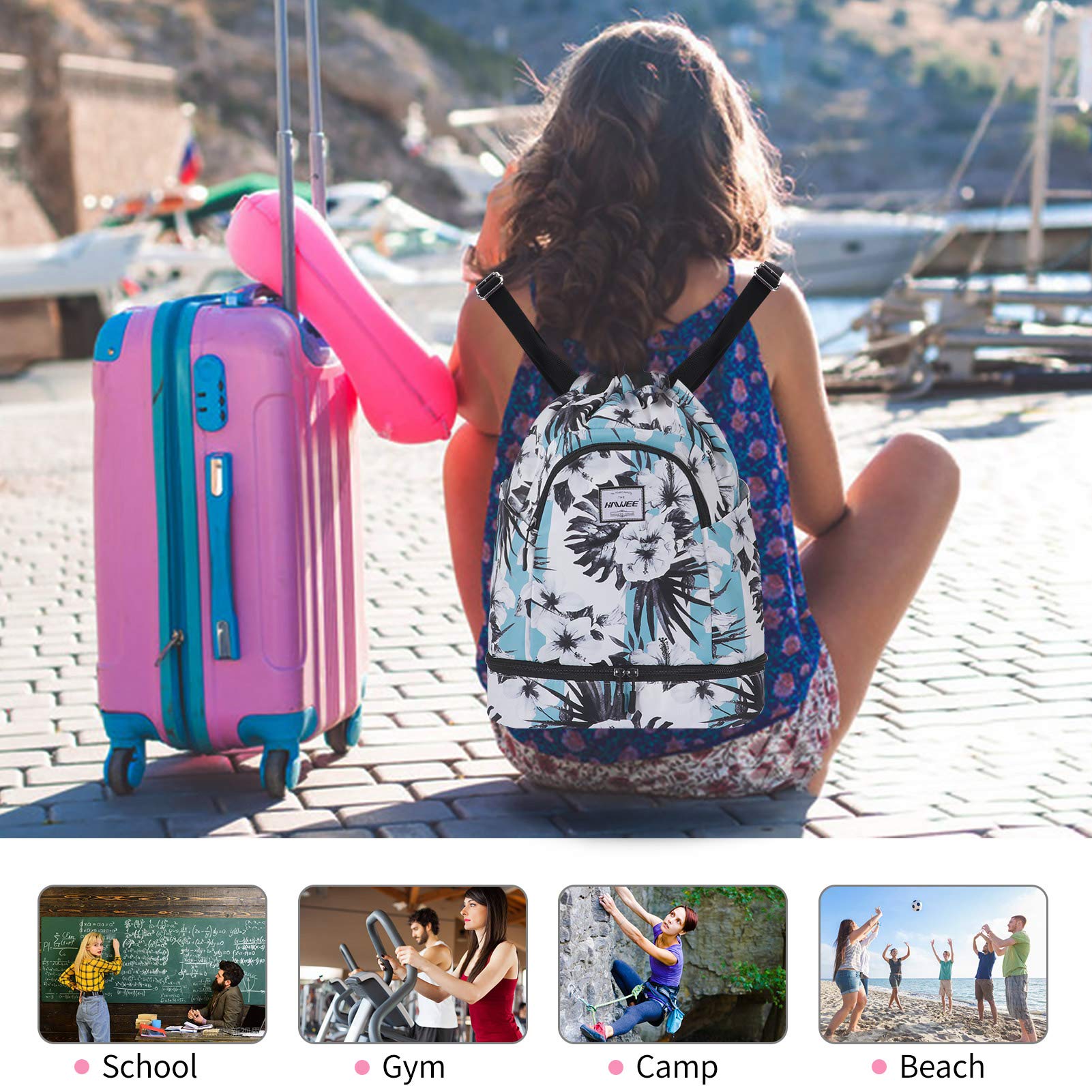 HAWEE Impermeable Casual Mochila con Cordón Grande Deporte Bolso de Gimnasia Mochila de Cuerda Unisex para Mujer Hombre Vida Cotidiana Aire Libre Yoga Escuela Nadar Playa — view 5