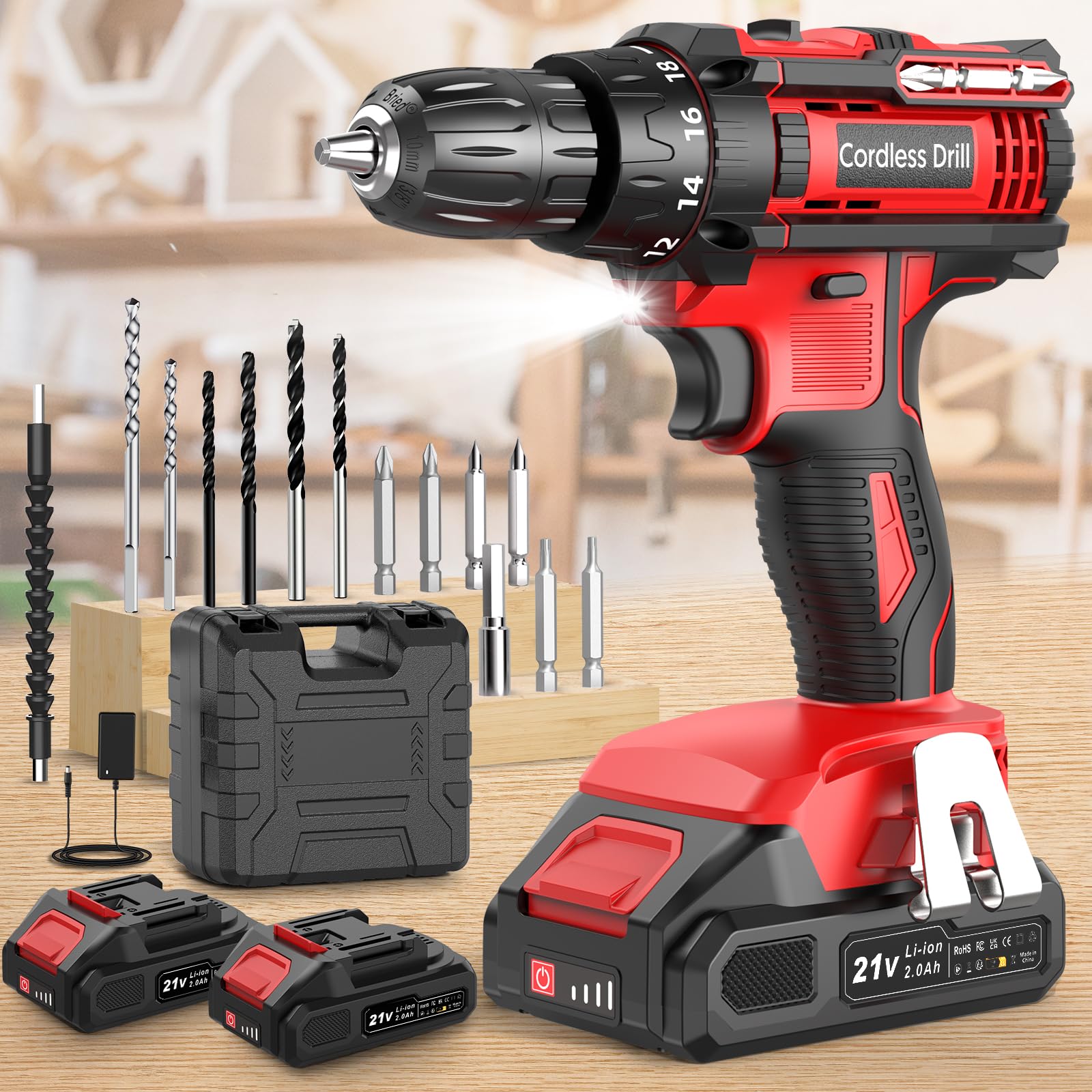 Cordless Drill, Power Drill 21V, Electric Drill Set 42N.m with 2 Batteries 2.0Ah, 10mm Chuck, 2 Speeds, 18+1 Torque, LED Light, 14pcs Drill Set for Garden DIY Project, Red Two Batteries-14PCS Acccessories