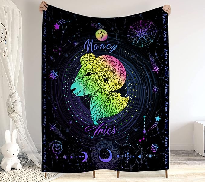 Aries Blanket, Constellations Blanket, 12 Horoscope Astrology Blanket, Customized Name Blanket For Aries, Personalized Zodiac Blanket, Aries Blanket Gift for Family, Valentines Day Gifts 1