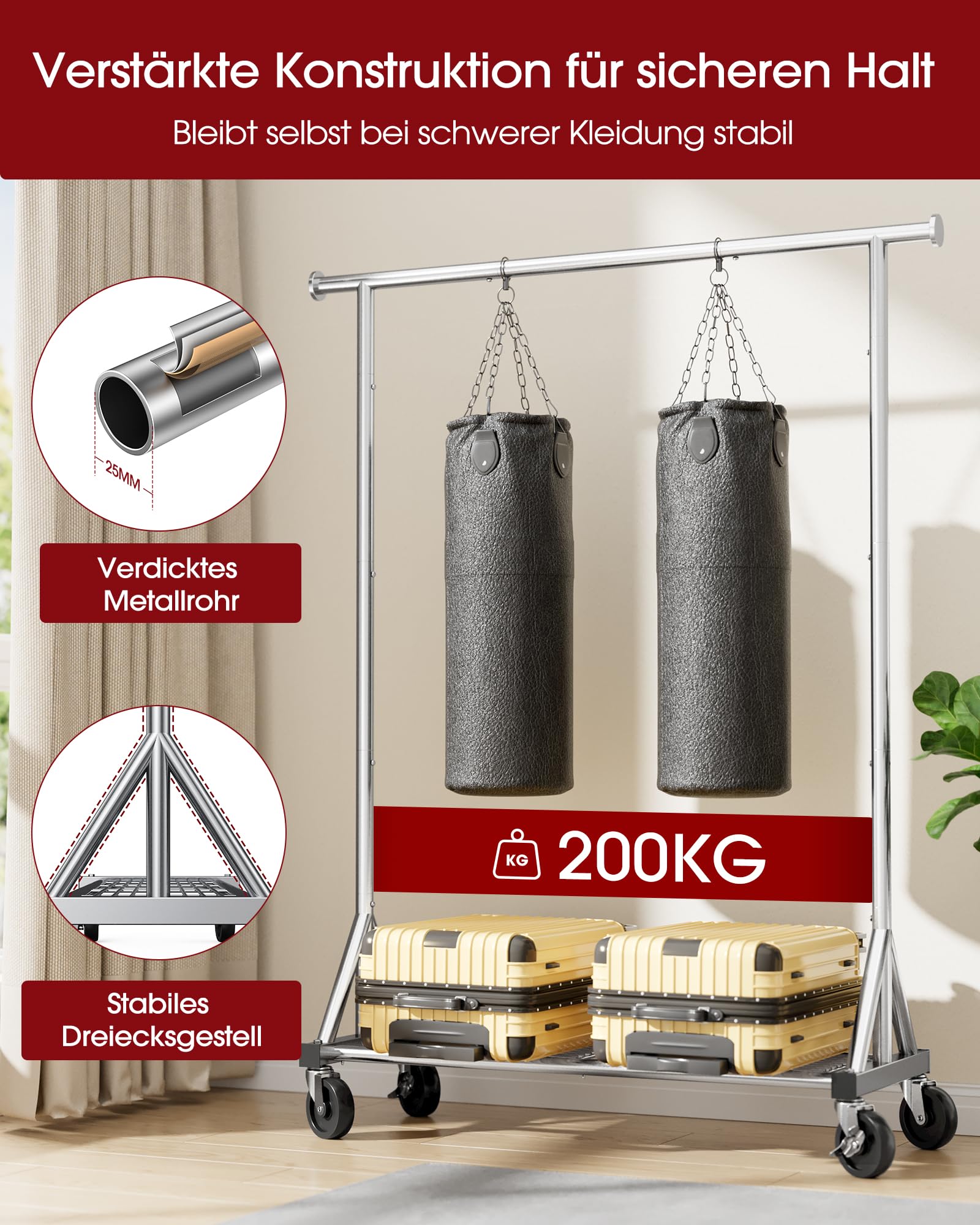 Sakugi Kleiderständer auf Rollen – Robuste Kleiderstange aus Edelstahl mit Mesh-Regal, multifunktionaler Garderobenständer für Schlafzimmer, Wäscheraum, Laden, 110 x 42 x 163.3 cm, Silbern