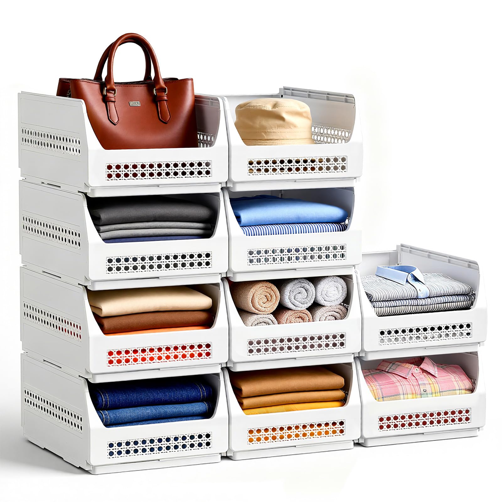 Wardrobe Storage Organiser,10 Pack Stackable Storage Boxes Plastic Drawers 32 * 43 * 20.5cm, Wardrobe Shelves Organiser Baskets for Closet Bedroom Kitchen and Laundry Room