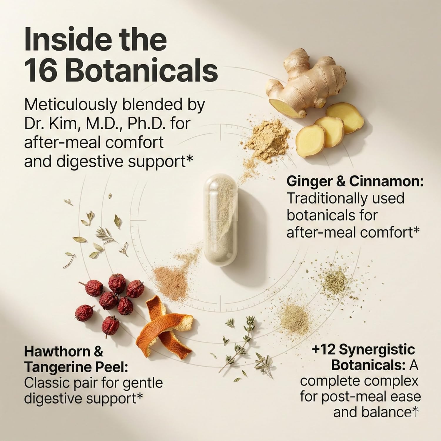 HerbDigest 16 – Formulated by Dr. Kim – 16 Botanical Complex with Ginger, Cinnamon & Hawthorn – Daily Support for Mealtime Comfort – 90 Vegan Capsules