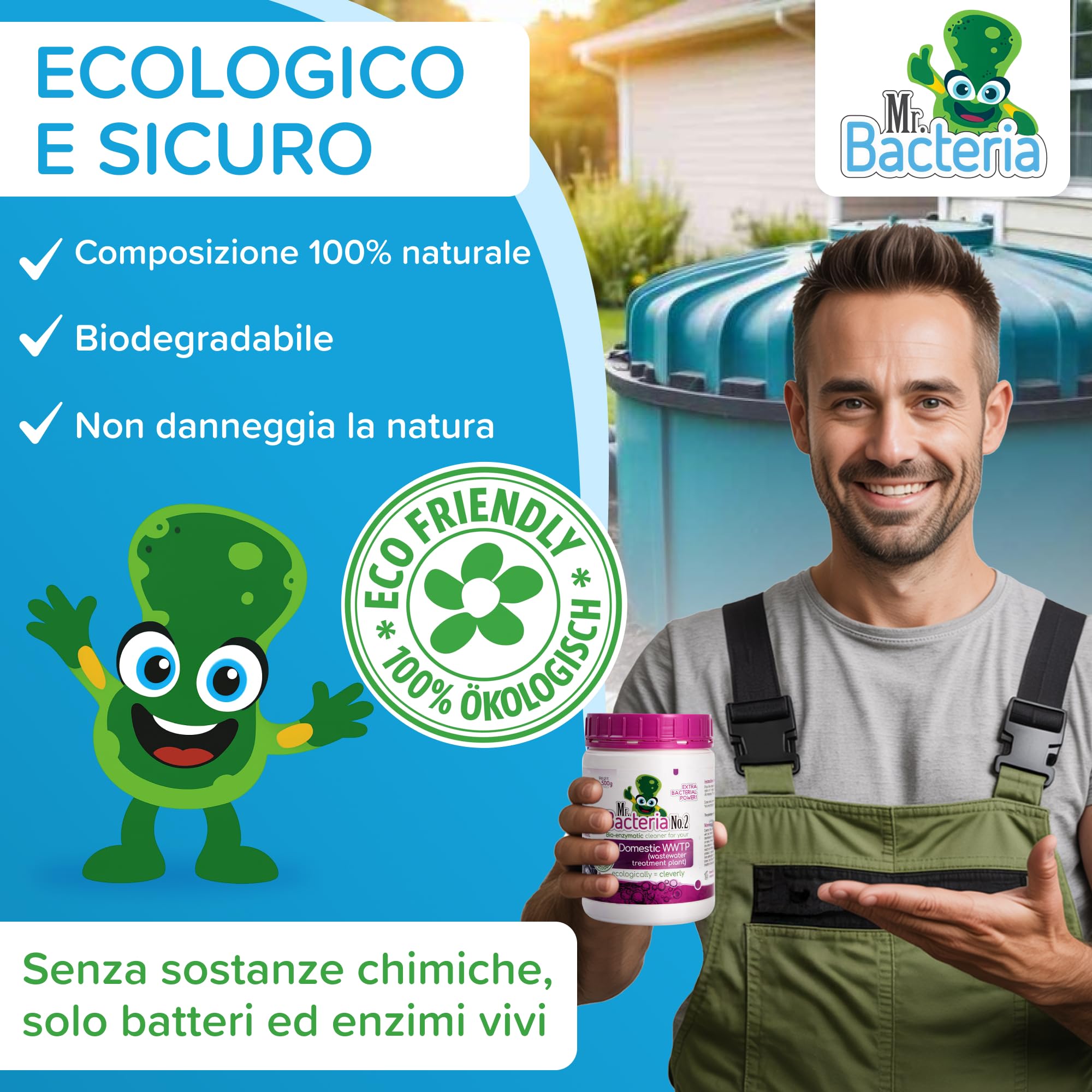 Mr. Bacteria No.2 Attivatore bio-Enzimatico per Fosse IMHOFF, Fosse Biologiche, per Impianto di Trattamento delle Acque reflue domestiche, spurgo Biologico 500g - 1 Pezzo