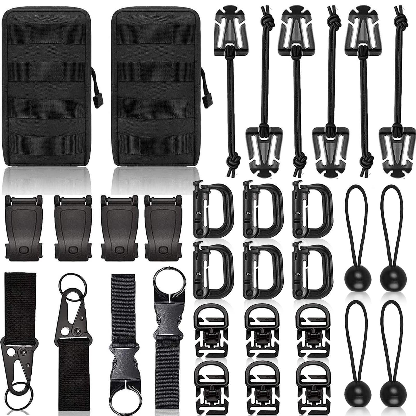 THE WHITE SHOP 32pcs,Accessories Attachments, D-Ring Locking Gear Clip for 1“ Webbing Strap Tactical Backpack Web Dominator Elastic Strings Strap