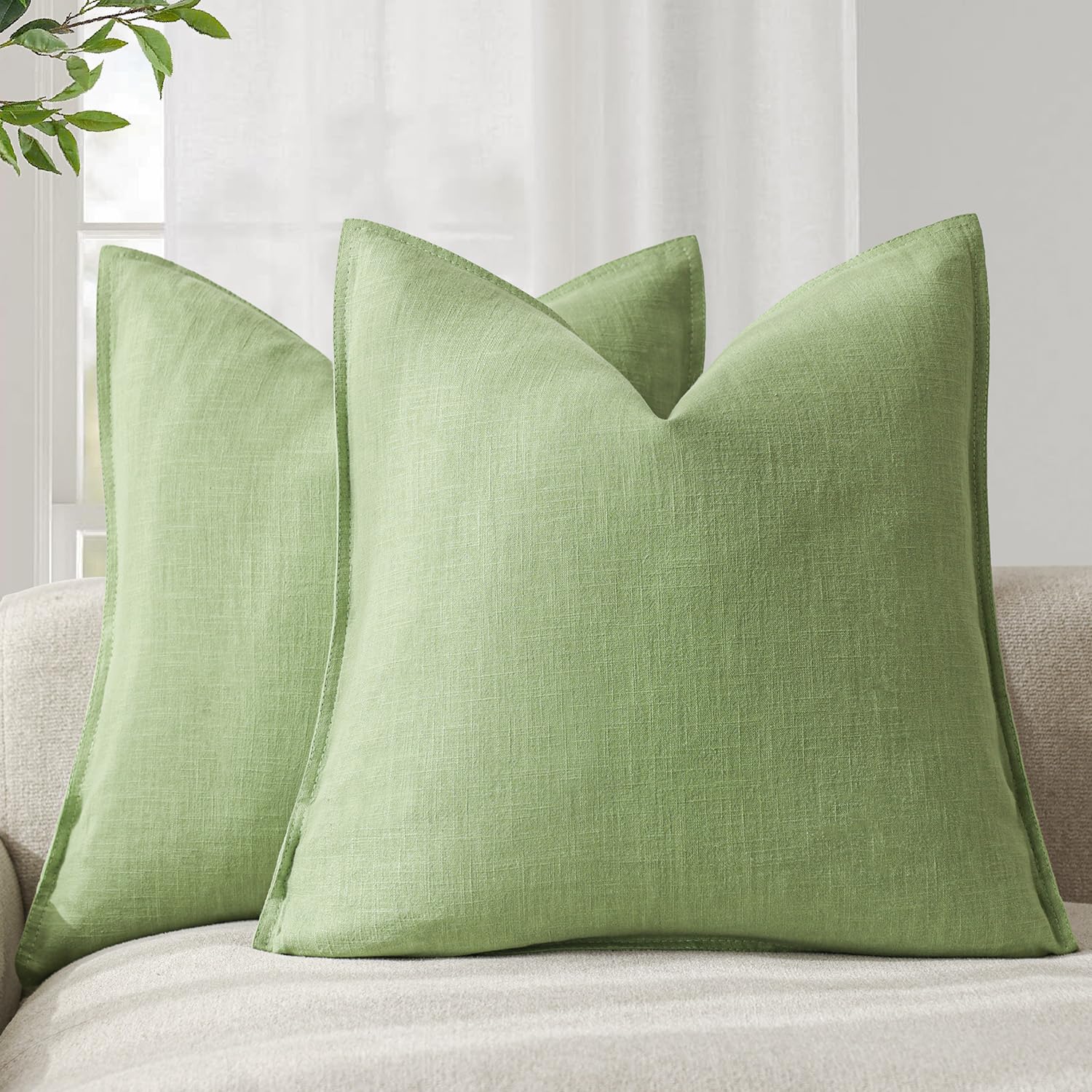 Foindtower Pack of 2, Decorative Linen Soild Throw Pillow Covers Soft Accent Euro Cushion Case Boho Farmhouse Pillowcase for Chair Couch Sofa Bedroom Living Room Home Decor 24 x 24 Inch Lime Green