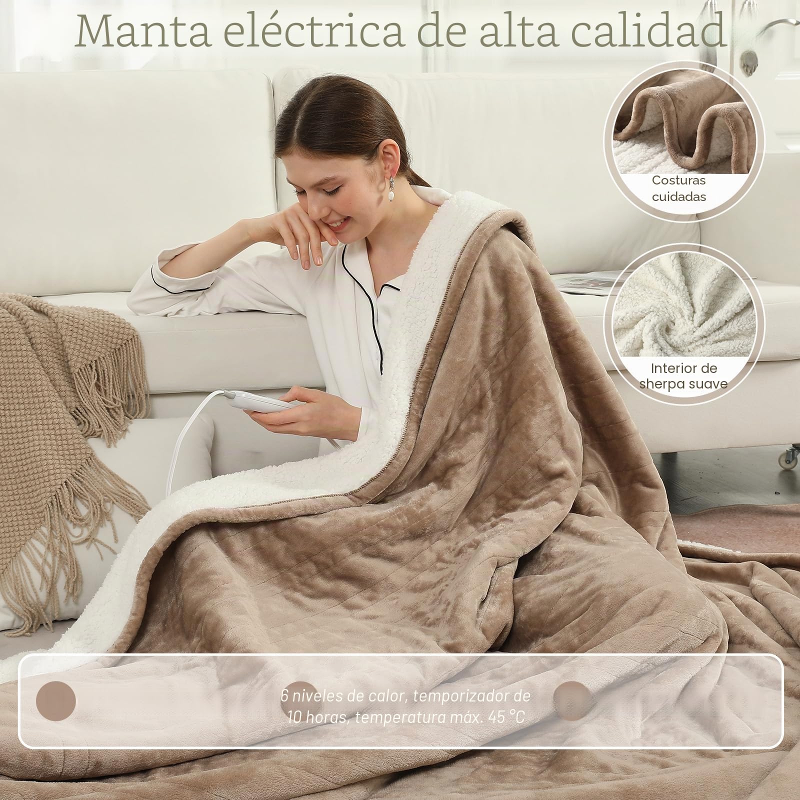 COZYTY Manta térmica de franela de lino, 200 x 150 cm, suave manta eléctrica de felpa con apagado automático, 6 niveles de calor y temporizador de apagado de 10 horas, certificado CE, lavable a