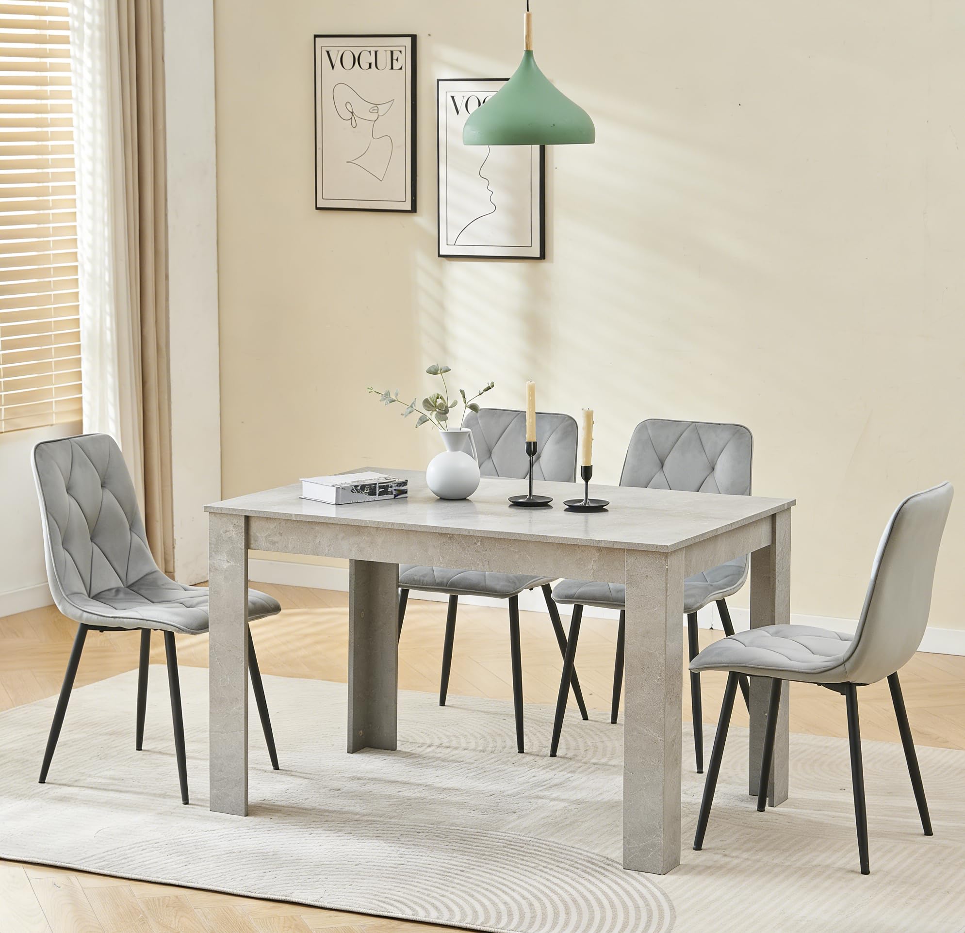Homullel 5 Piece Dining Room Table and Chairs Set for Dining Room, Modern 120cm Grey High Gloss Dining Table with 4 Grey Velvet Chairs for Family Dinner Set Space Saving