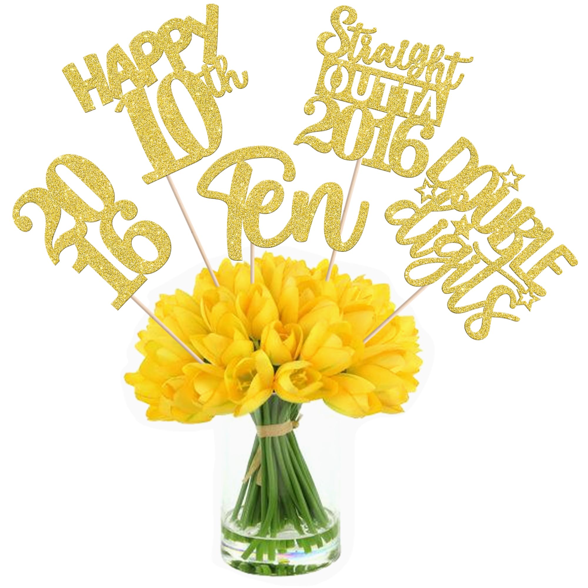 15 PCS 10th Birthday Centerpiece Sticks Ten Happy 10th Straight Outta 2016 Table Flower Centerpieces Sticks Cheers to 10 Floral Decorations for 10th Birthday Party Centerpieces Supplies Gold