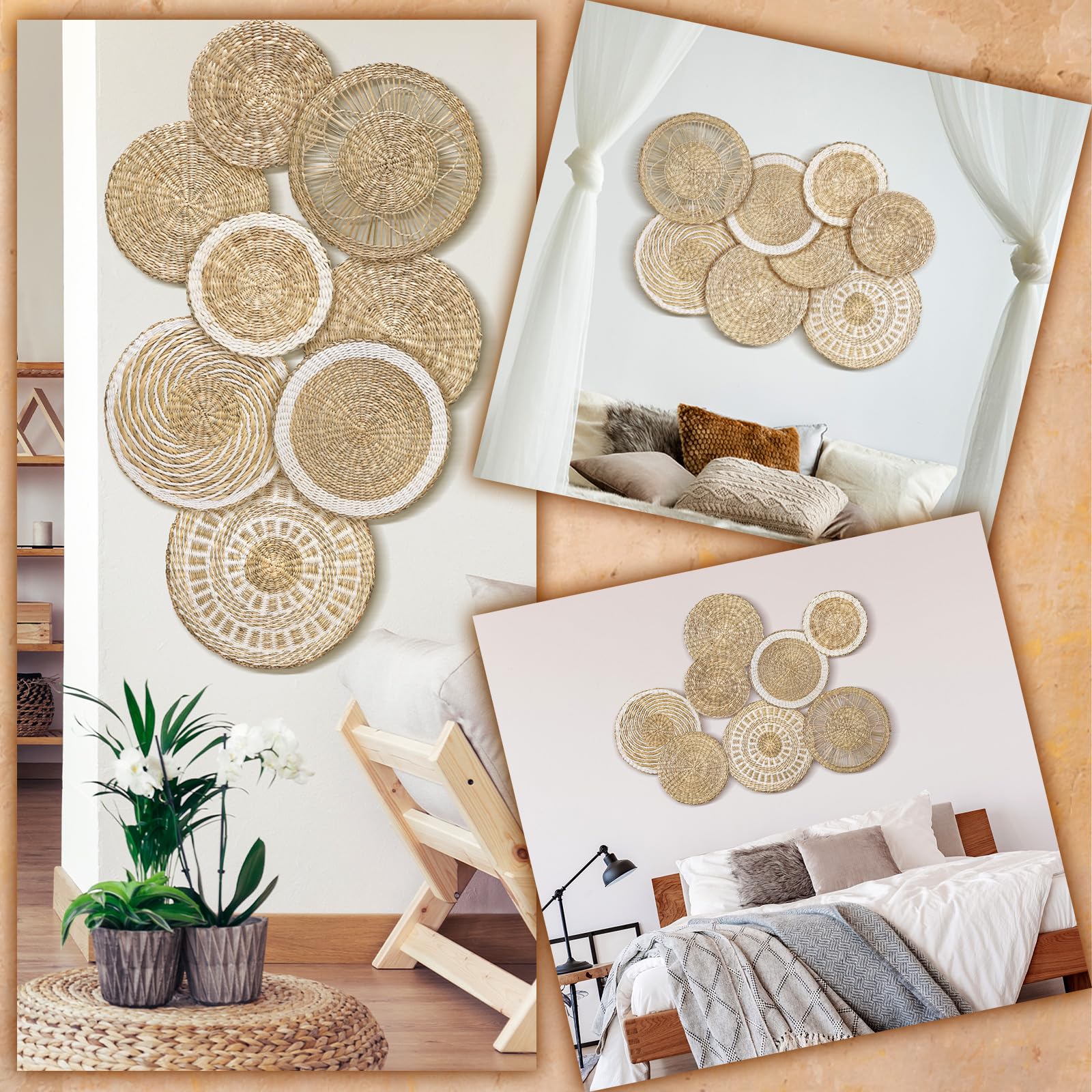 Xuhal Juego de 8 cestas de pared tejidas para colgar, hechas a mano, rústicas, bohemias, hechas a mano, cesta redonda de mimbre para el hogar, cocina, granja, mesa, sala de estar