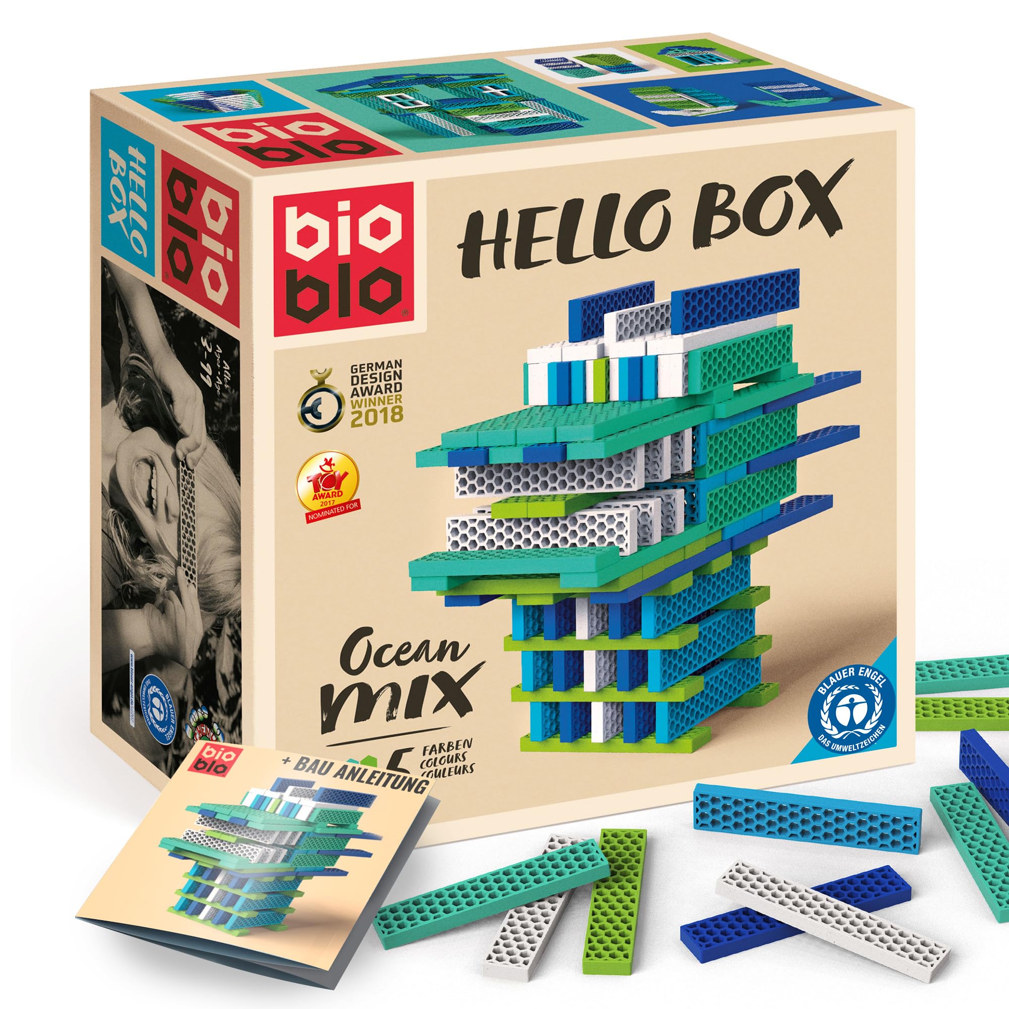 bioblo Hello Box Ocean Mix mit 100 Stück | Nachhaltige Bunte Bauklötze für Kinder ab 3 Jahren | Holzbauklötze Kinderspielzeug | STEM Montessori Spielzeug für Stapel- & Balancierspiele