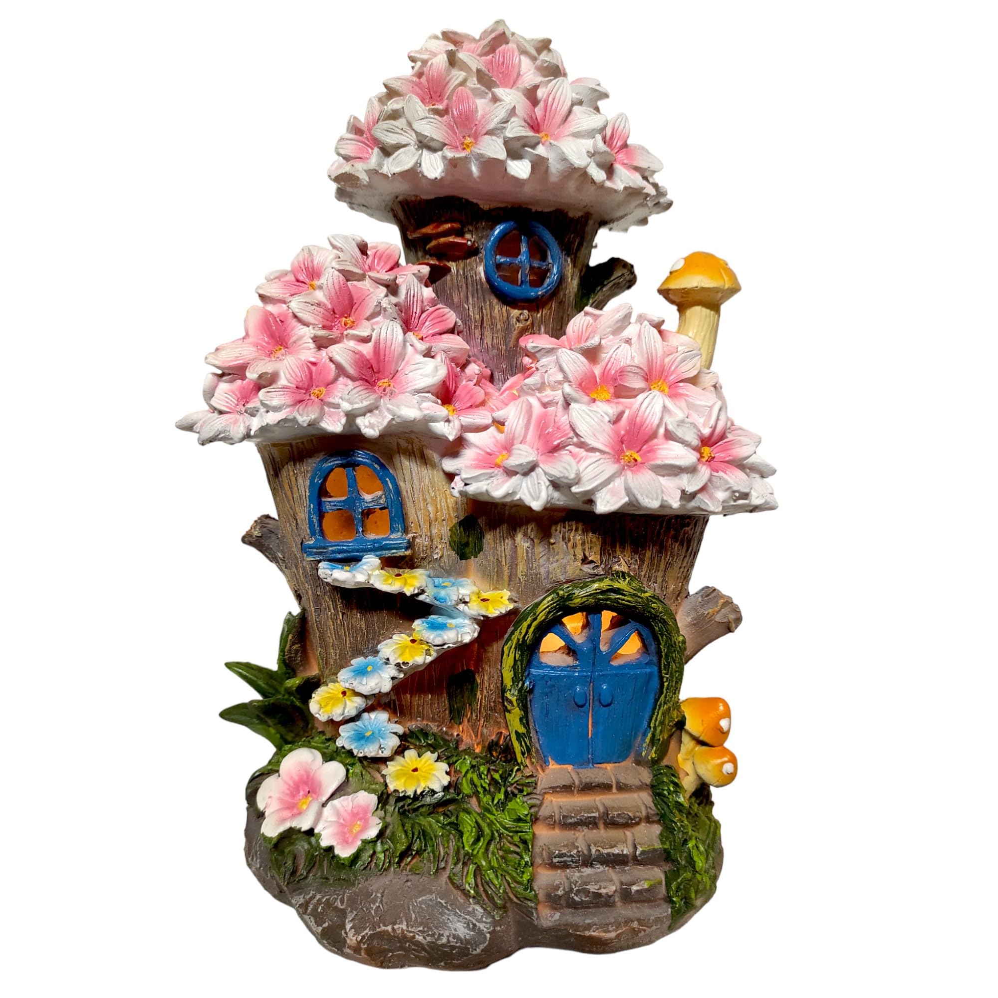 Tin Dreams Factory Figura Decorativa Casa de Hadas con Luz Solar Recargable, Decoraciones Jardín Exterior Resistentes, Estatua en Resina con iluminacion, Figuras Originales de Fantasía con Luz Led