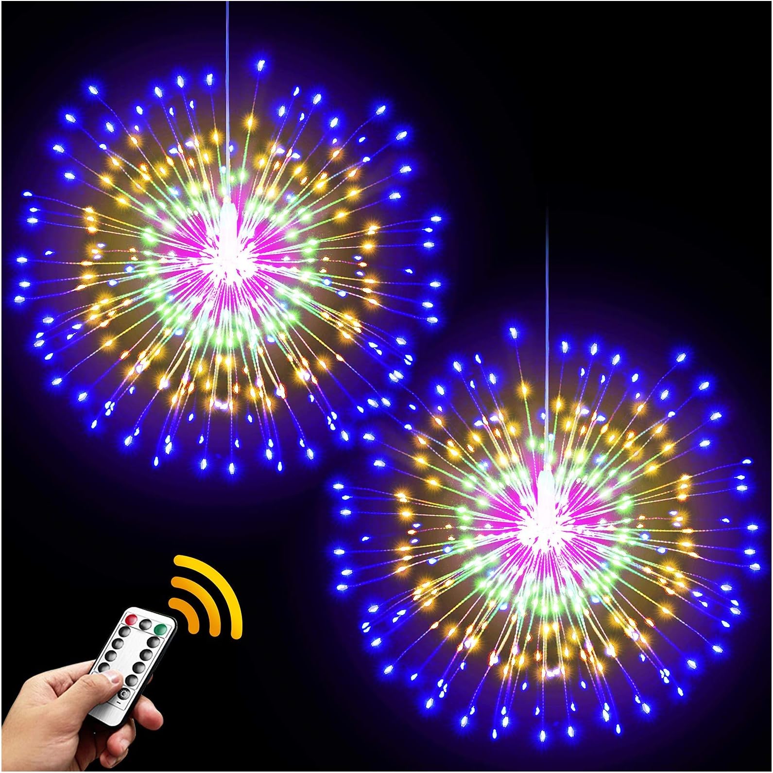 DenicMic 2Pcs Starburst Lights 200 LED Firework Lights Copper LED Christmas Lights, 8 Modes Fairy Light with Remote, Hanging Ball Light for Christmas Bedroom Party Indoor Outdoor Decoration (Colorful)