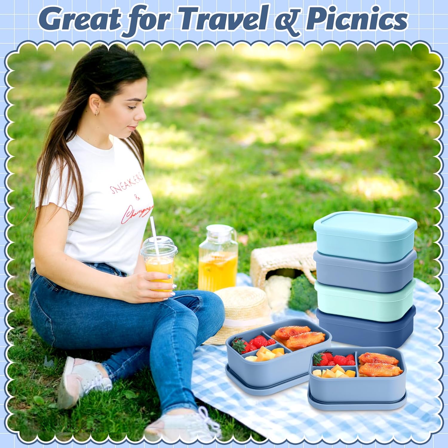 Honeydak 4 Pcs Silicone Bento Box Reusable Silicone Bento Lunch Container for Adults Microwave Dishwasher Freezer Safe 3 Compartment (Macaron Blue)