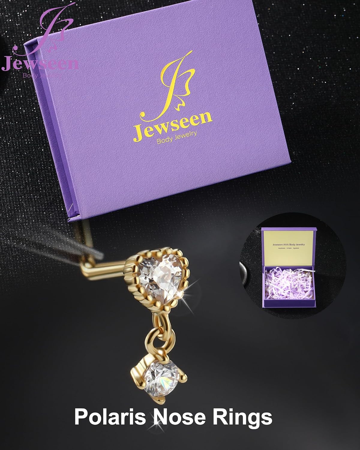 Jewseen Polaris Heart 14K Solid Real Gold Nose Ring Nostril Corkscrew