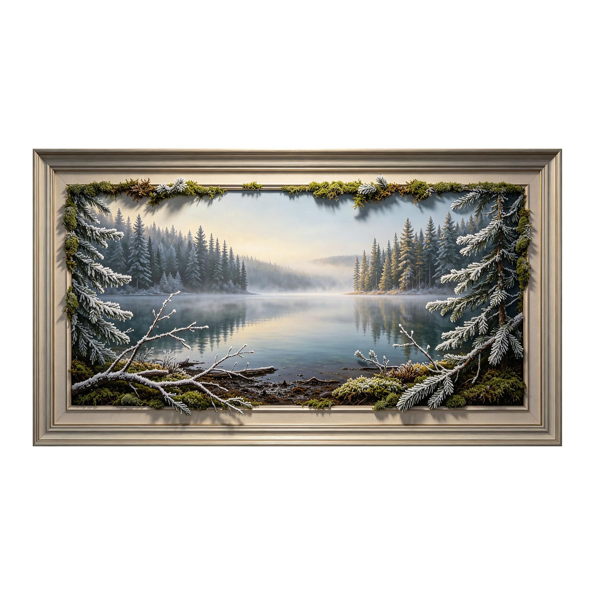 Yzpallescene 3D Framed Wall Art 50cm×100cm Snowy Lake Forest Panoramic Window View Relief Effect Large Size SelfAdhesive Removable Wall Decor Prints Artwork for Living Room Bedroom Office