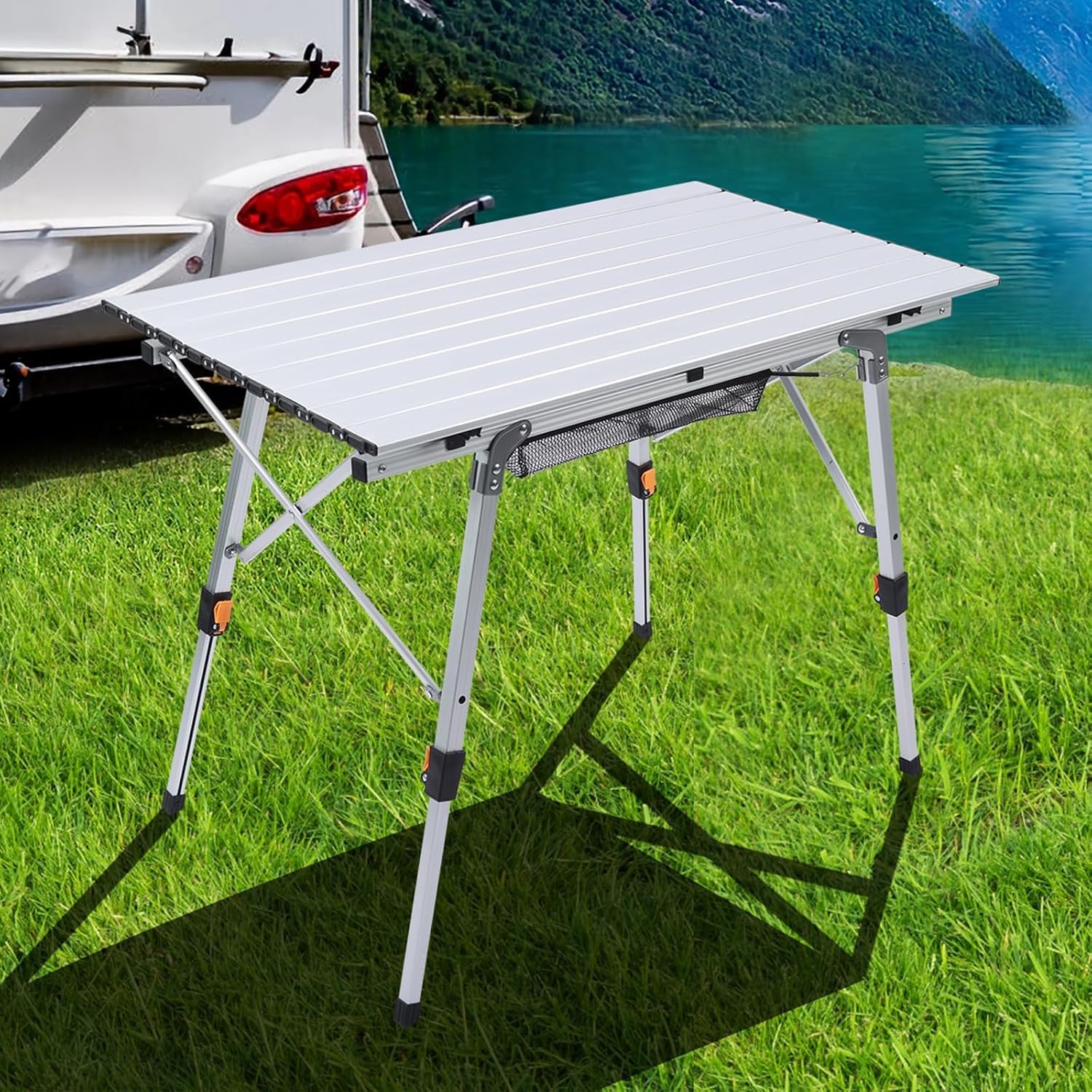 Folding Outdoor Camping Table with Adjustable Legs, Lightweight Aluminum Roll Up Camp Table with Carrying Bag, Mesh Storage Organizer, for Cooking, Picnic, Beach, Backyards, BBQ, Party
