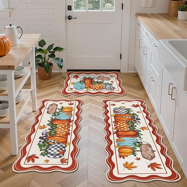 U'Artlines Pumpkin Fall Kitchen Rugs with Runner Sets 3 Piece, Farmhouse Harvest Rugs and Mats, Non Slip Washable Scalloped Kitchen Floor Mats for Home Hallway Sink Decor(OrangeBlack)