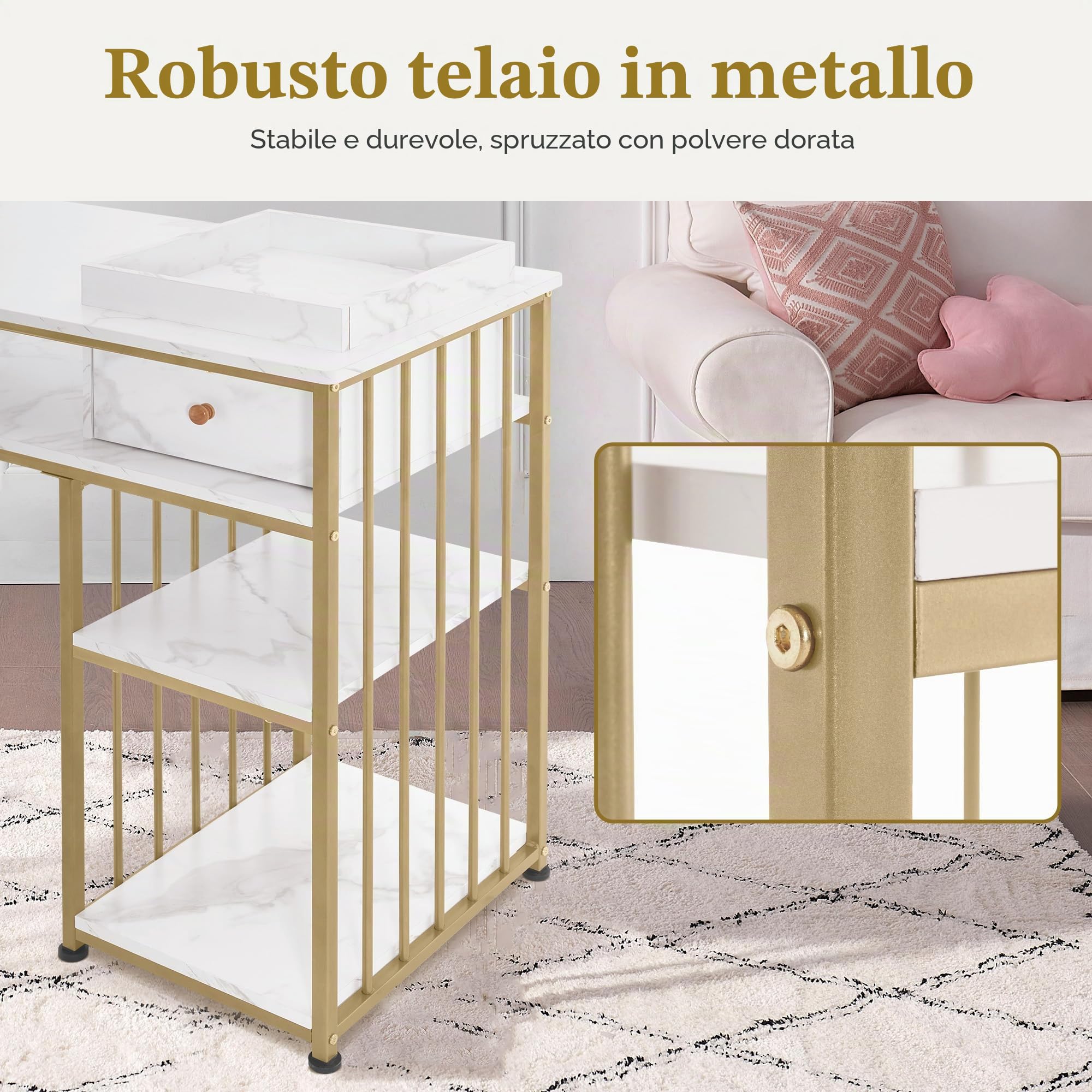 M MCombo scrivania con cassetti, tavolo per unghie con ripiano, tavolo manicure in legno, struttura in metallo, toeletta senza specchio, soggiorno moderno, marmo bianco oro, 45 x 110 x 80,5 cm, 2498