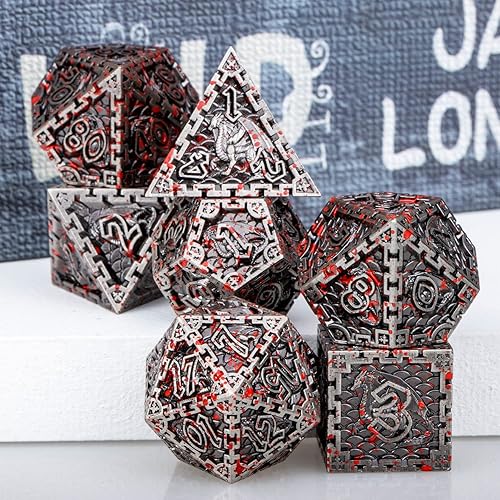 Miniatura 2 de ORIFANTOU DND - Juego de dados de metal de dragón de sangre con caja de regalo, dados de plata antigua D&D, 7 dados poliédricos para juegos de rol,