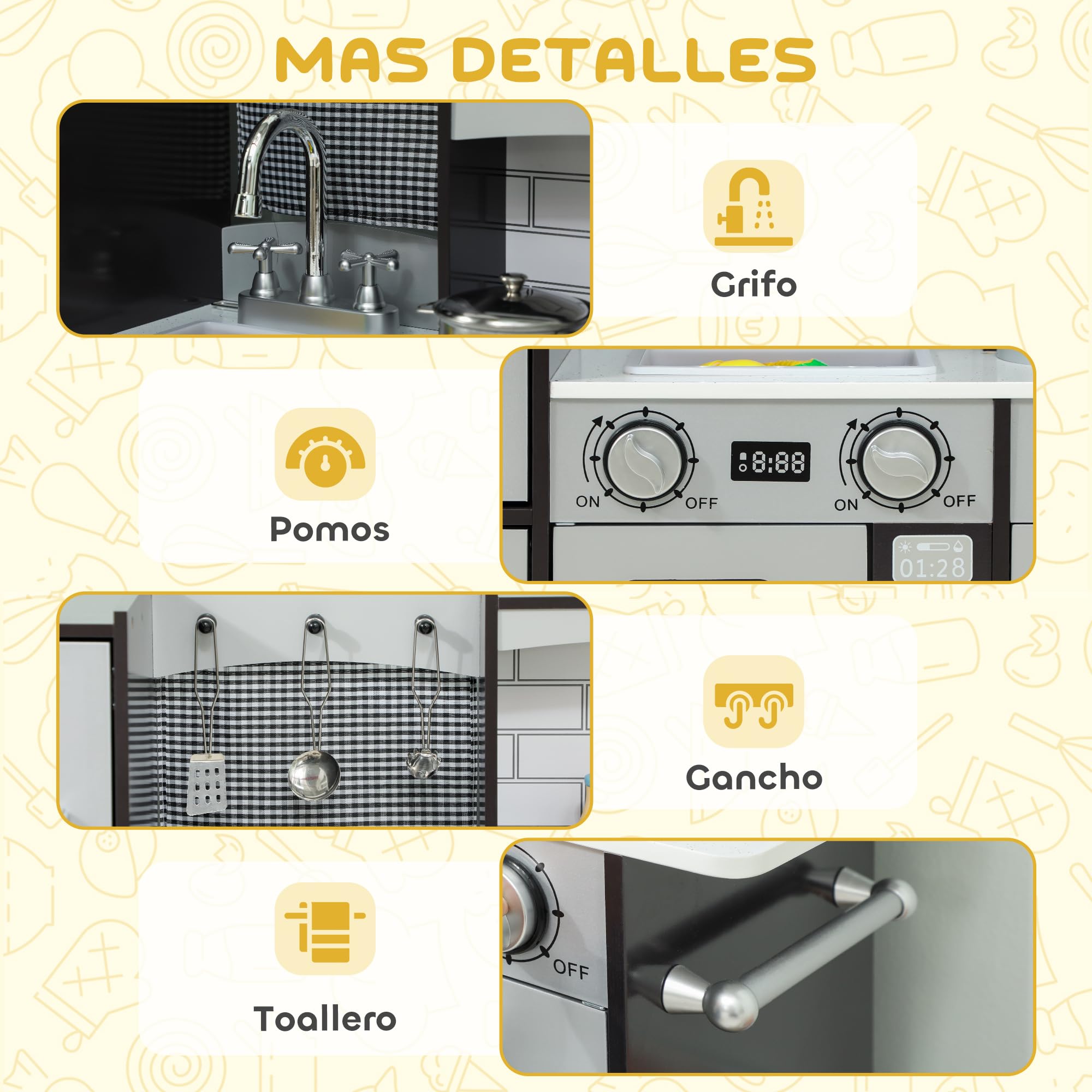 AIYAPLAY Cocina de Juguete de Madera con Sonido 81x27x79,7 cm Marrón Oscuro | Cocinita Infantil, Accesorios de Acero Inoxidable, Nevera, Microondas, Fregadero