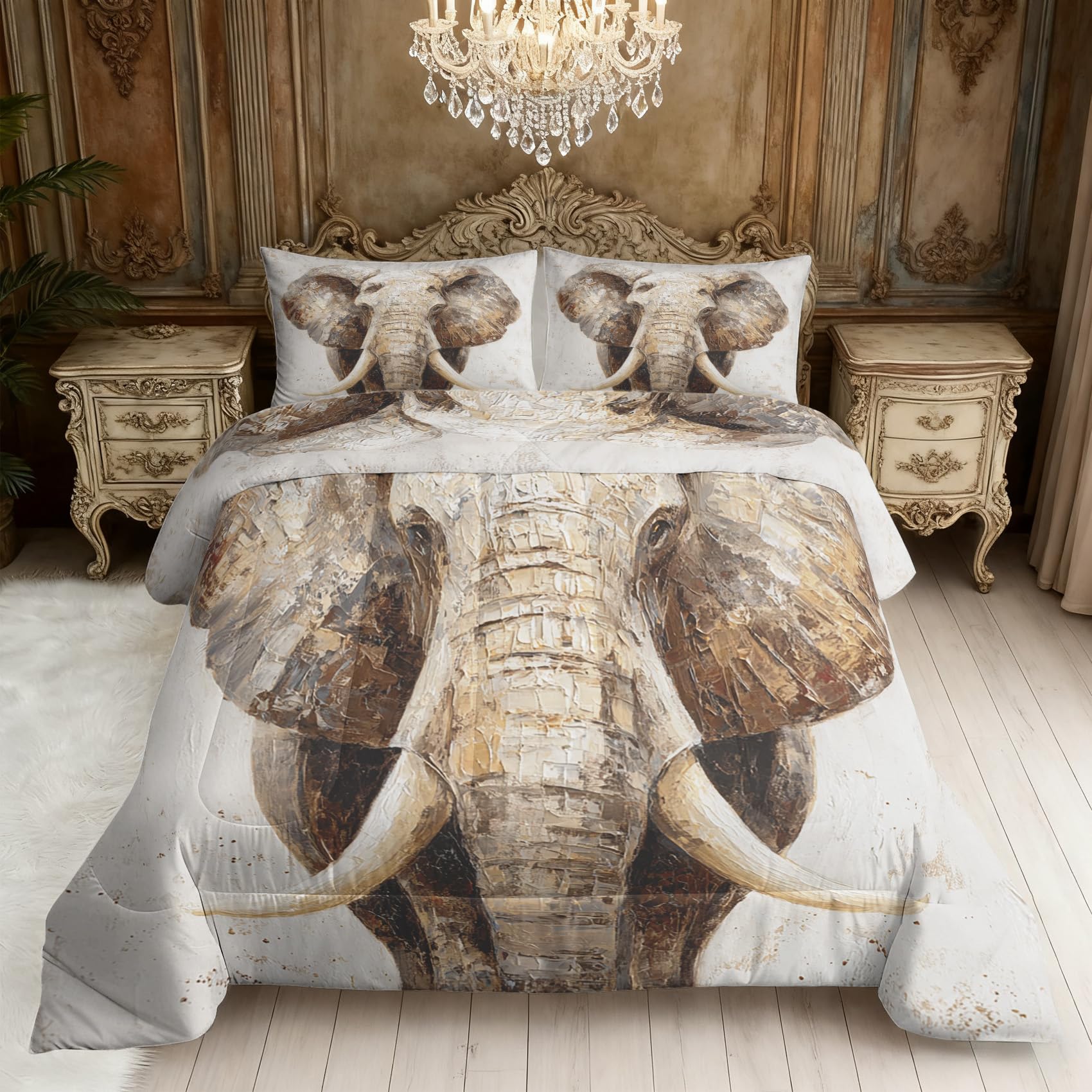 Couette 160x200 imprimée éléphant avec ses 2 taies d'oreiller assorties pour lit 2 personnes