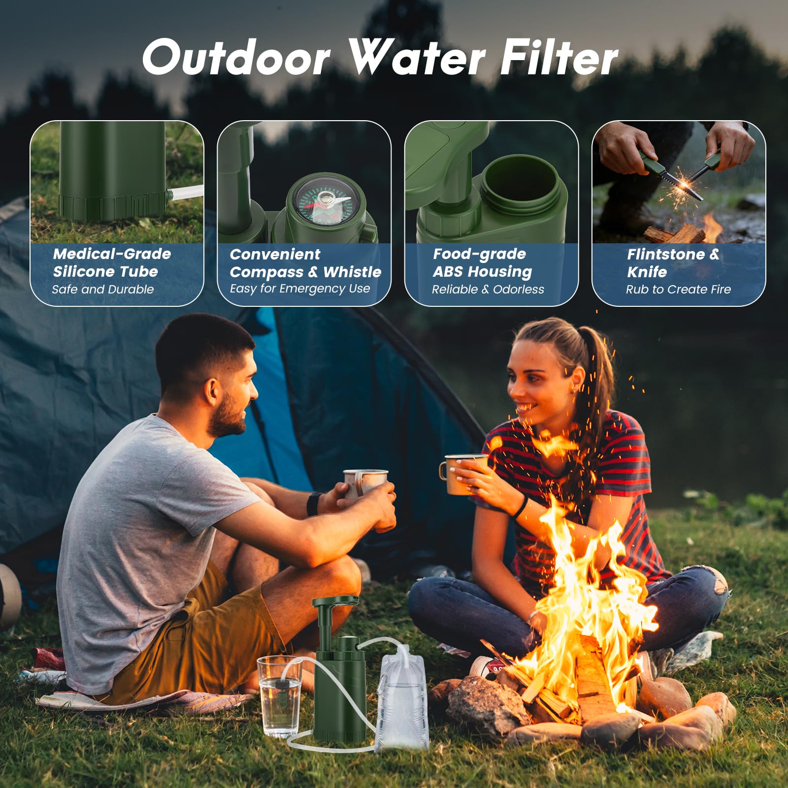 Filtre à eau de survie pour le camping, la randonnée et le trekking, filtre 0,01 micron, filtre à eau portable 2000 ml, filtration d'eau de survie pour le camping et les situations d'urgence.