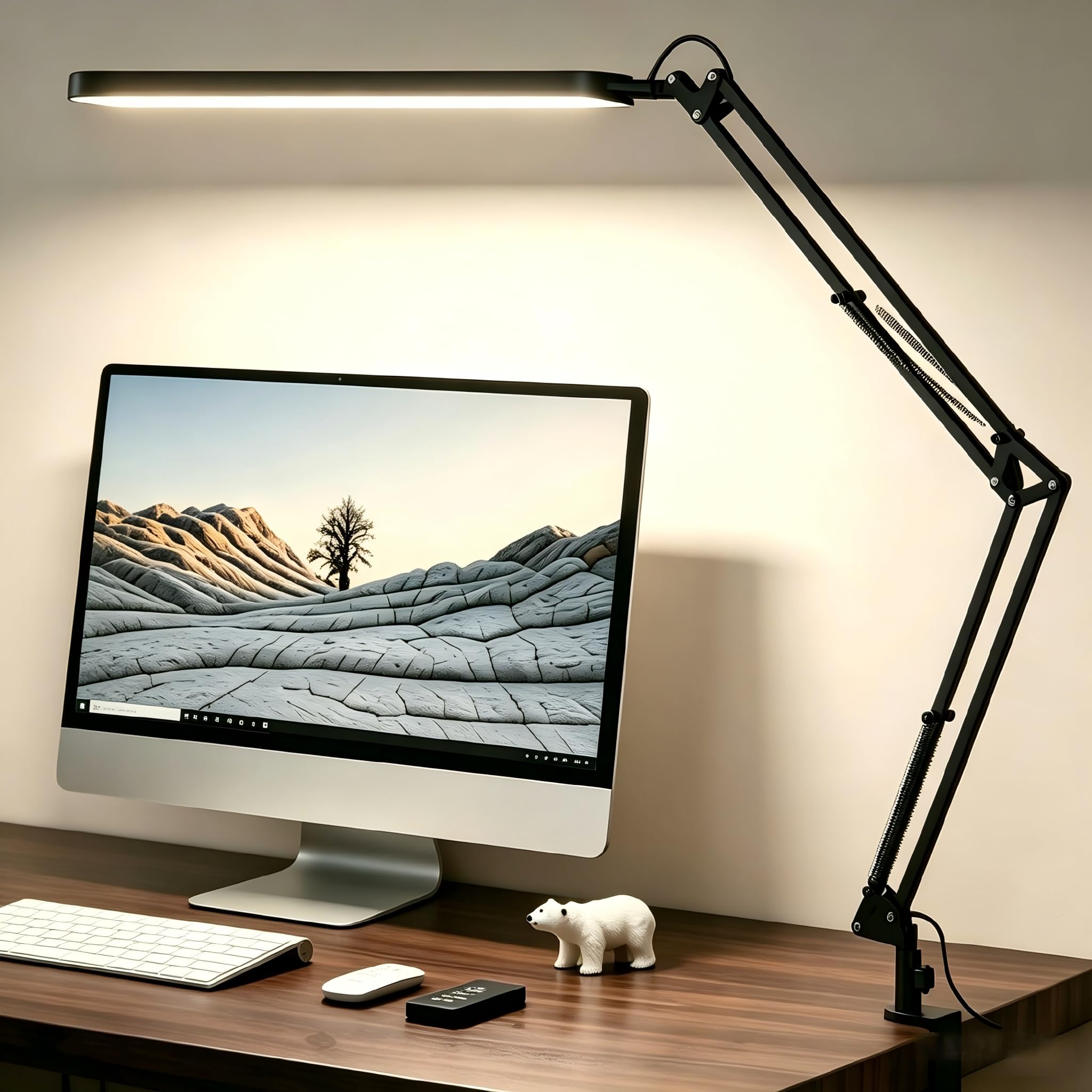 SKYLEO Schreibtischlampe LED – Schreibtischlampe klemmbar 1300LM – 5 Farbmodi x 11 Helligkeitsstufen – Verstellbarer Schwenkarm – Timmer und Speicherfunktion – 12W Desk Lamp – Schwarz