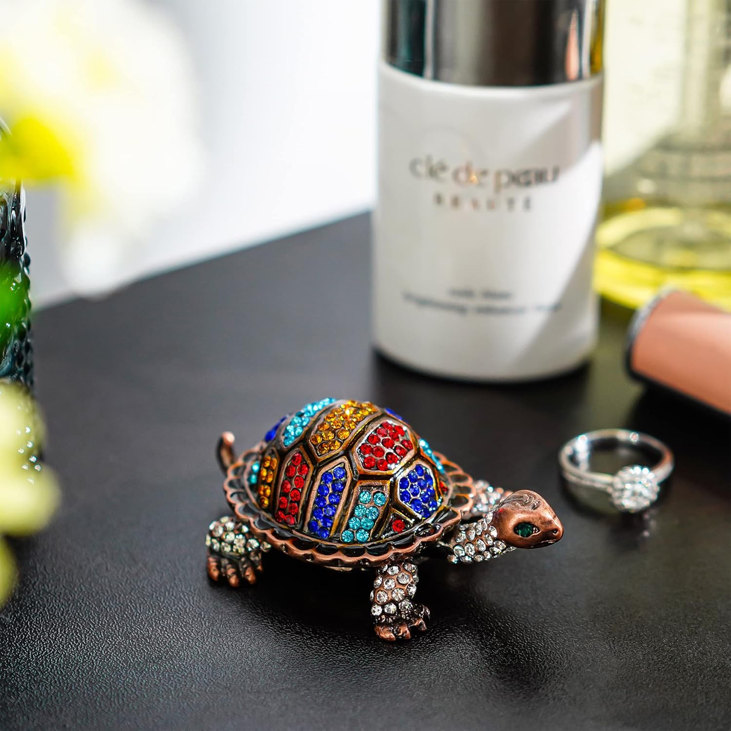 YU FENG Vintage Turtle Jewelry Trinket Box Hinged,Hand-Painted Sea Animal Figurine Collectible Enamel Sea Turtle Ring Holder Crystal Studded Treasure Keepsake Box Christmas Gift (2.5inch,Colorful) - Image 4