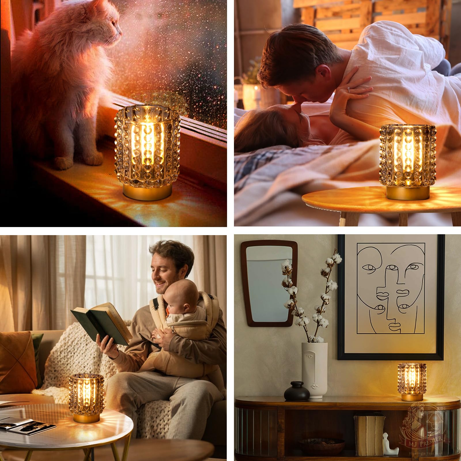 MJ PREMIER Batteriebetriebene Tischlampe mit Timer, Mini Glaslampe Kabellos, Kleine Kristall-Leuchte für Schlafzimmer, Bad, Flur, Regal – Ohne Steckdose Nutzbar, für Dekoration (Grau)
