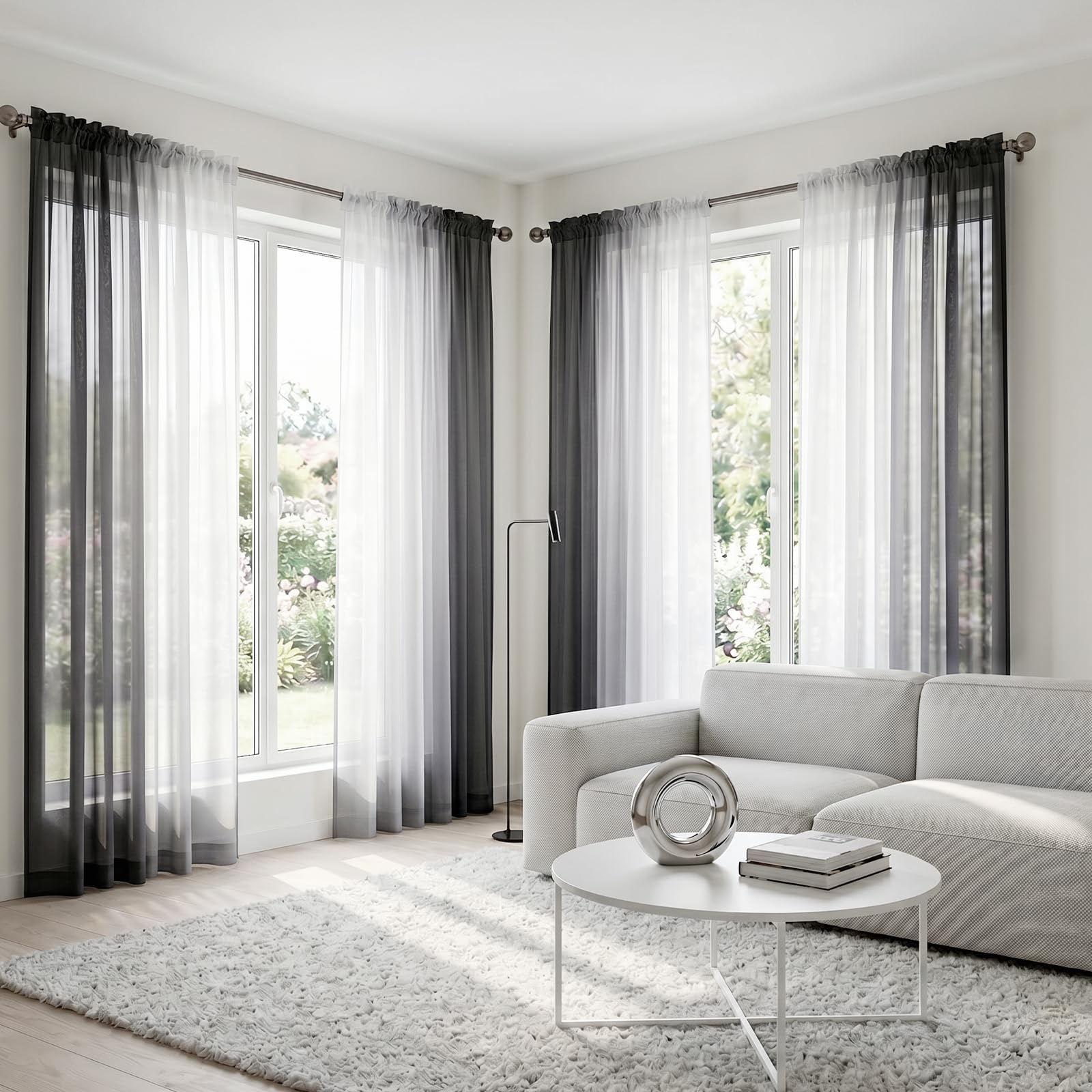 Melodieux Visillos Cortinas Transparentes Degradadas 2 Piezas, 140x260cm Negro/Blanco