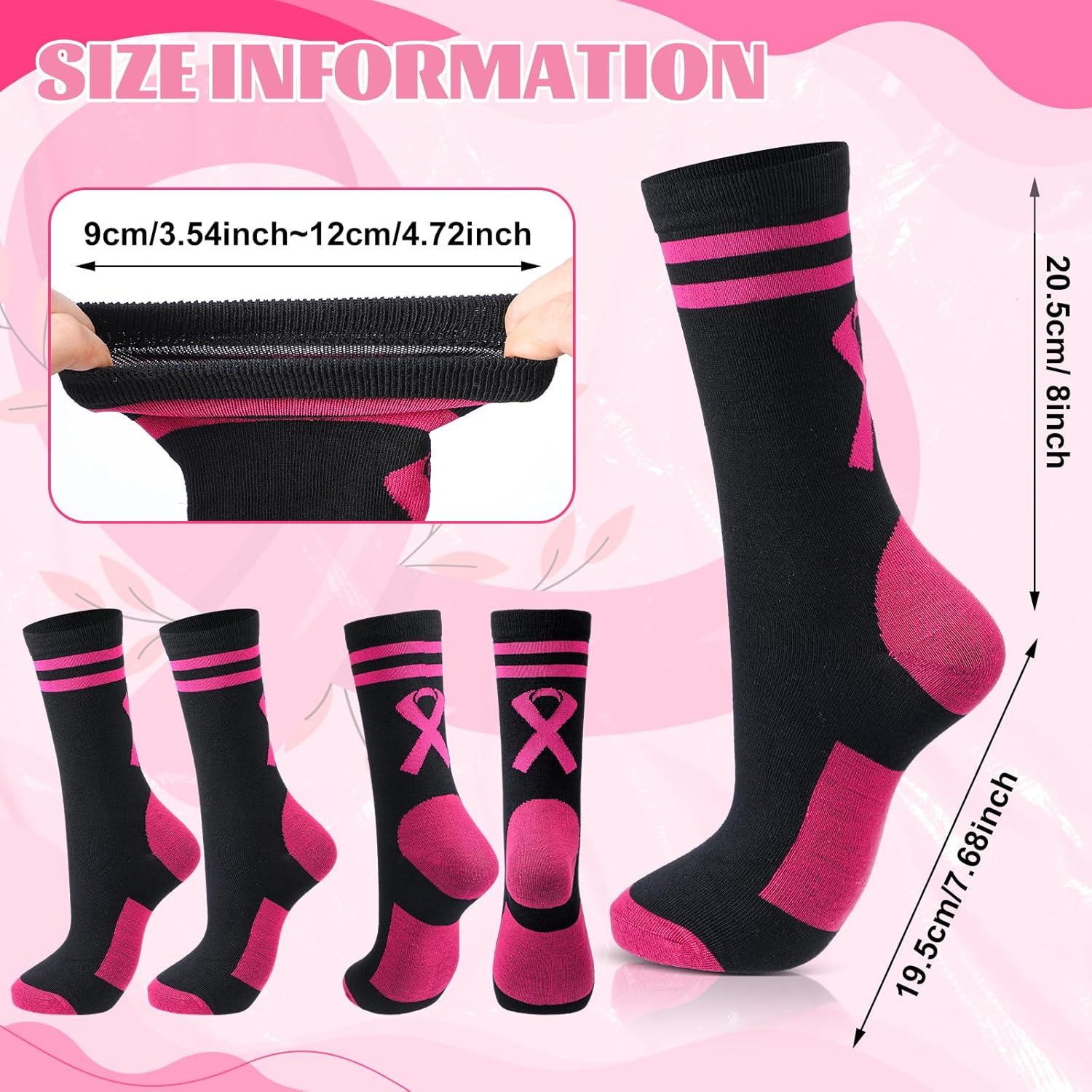 Haysandy 24 Pairs Breast Cancer Awareness Socks Bulk Soft Pink Ribbon Football Socks for Women Softball Volleyball Sport