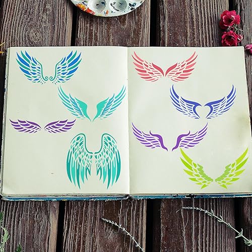 Miniatura 5 de FINGERINSPIRE Plantillas de alas de ángel de 11.8 x 11.8 pulgadas, 8 estilos de alas de plumas, plantillas de pintura reutilizables para decorar