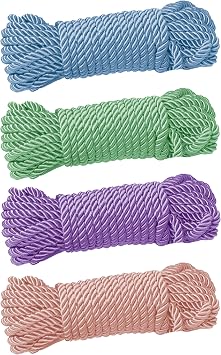 Polyester Rope Slightly Shiny, Durable Braided Twisted Rope, Thick Multipurpose for Camping, Cargo, Tie Down & Swing, Blue Peach Purple Green, 4-Pack