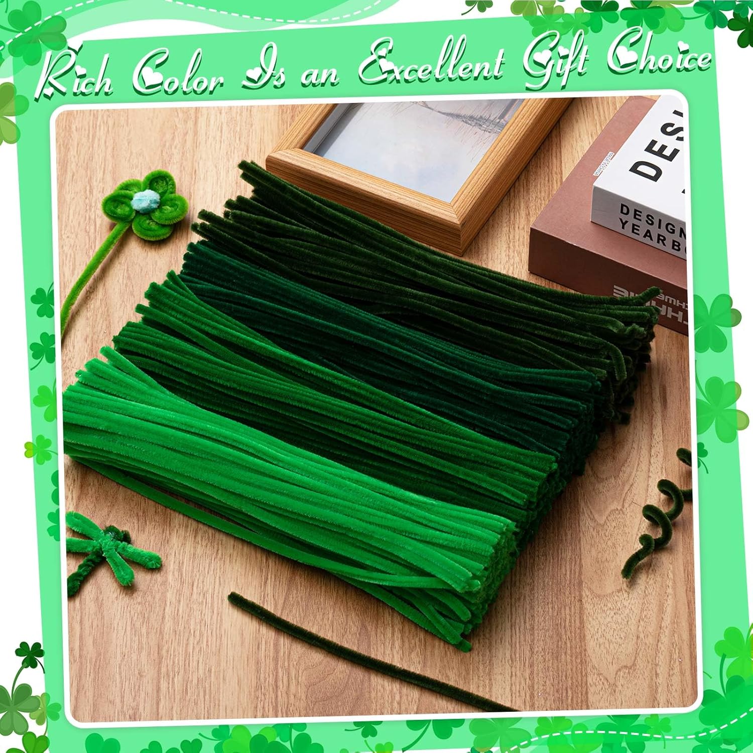 Peryiter 1000 Pieces Green Pipe Cleaners Chenille Stems 12 Inch Craft Supplies Bulk for DIY Art and Craft Projects Creative Gift Wrapping Party Decorations，Irish Day/St. Patrick's Day Gifts