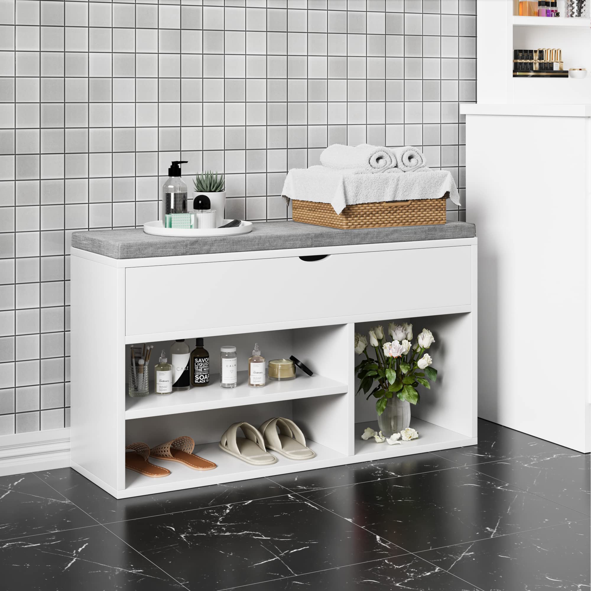 Banc à chaussures blanc Zstar avec coffre de rangement relevable et coussin rembourré pour couloir