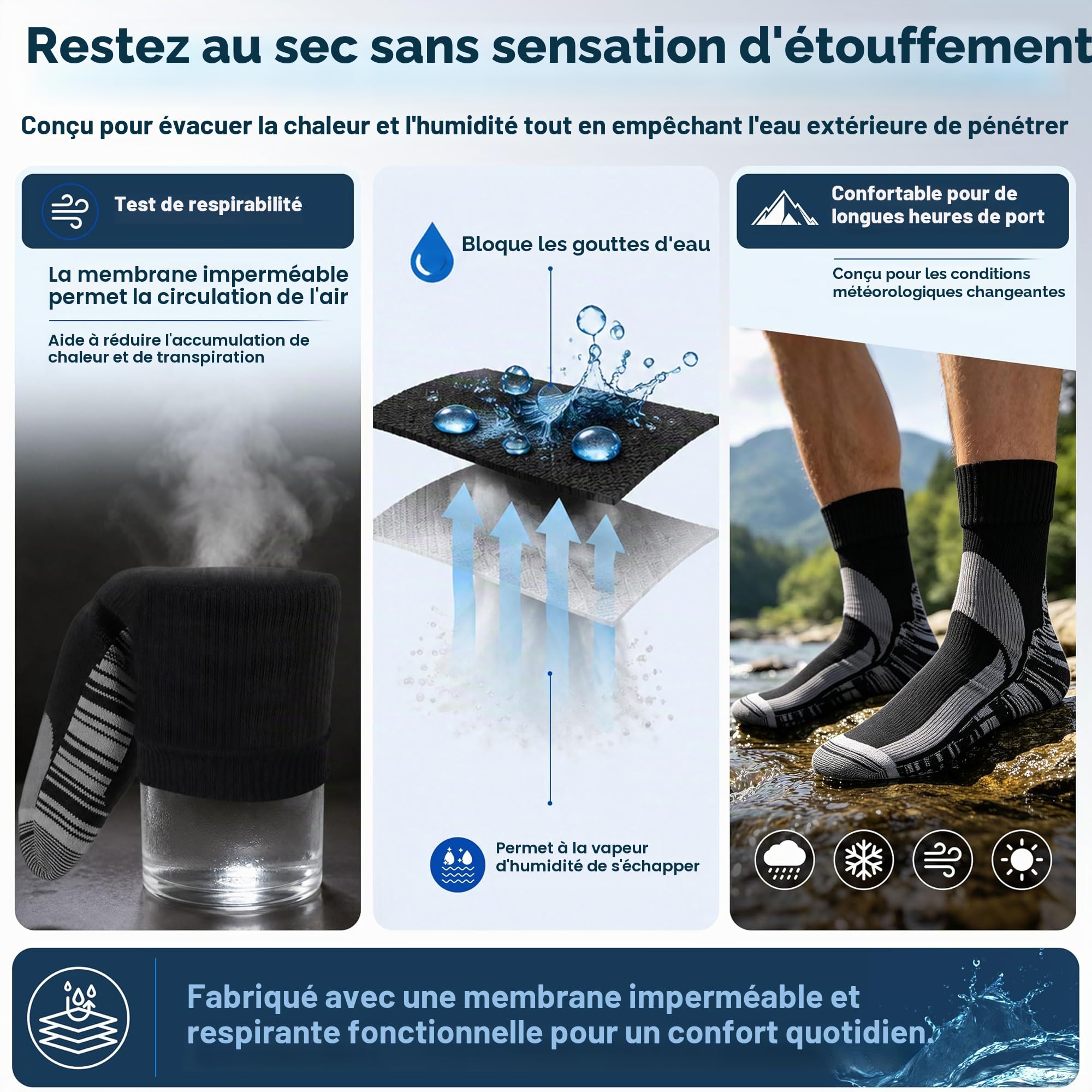 RANDY SUN Chaussettes Imperméables Respirantes, Modèle Original Unisexe pour Ski/Randonnée/Trekking/Pataugeoire/Sentier 1 Paire