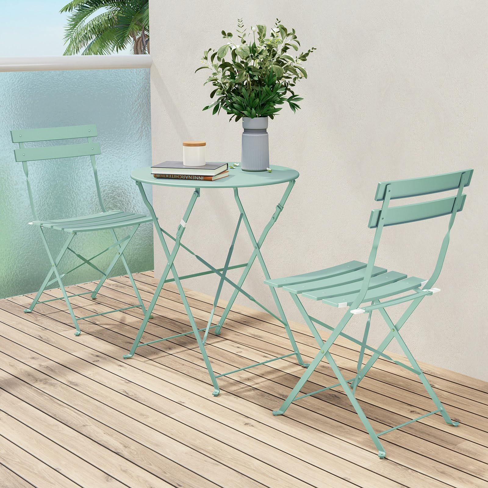 Grand patio Premium Steel Patio Bistro Set, Folding Outdoor Patio Furniture Sets, 3 Piece Patio Set of Foldable Patio Table and Chairs, Mint Green