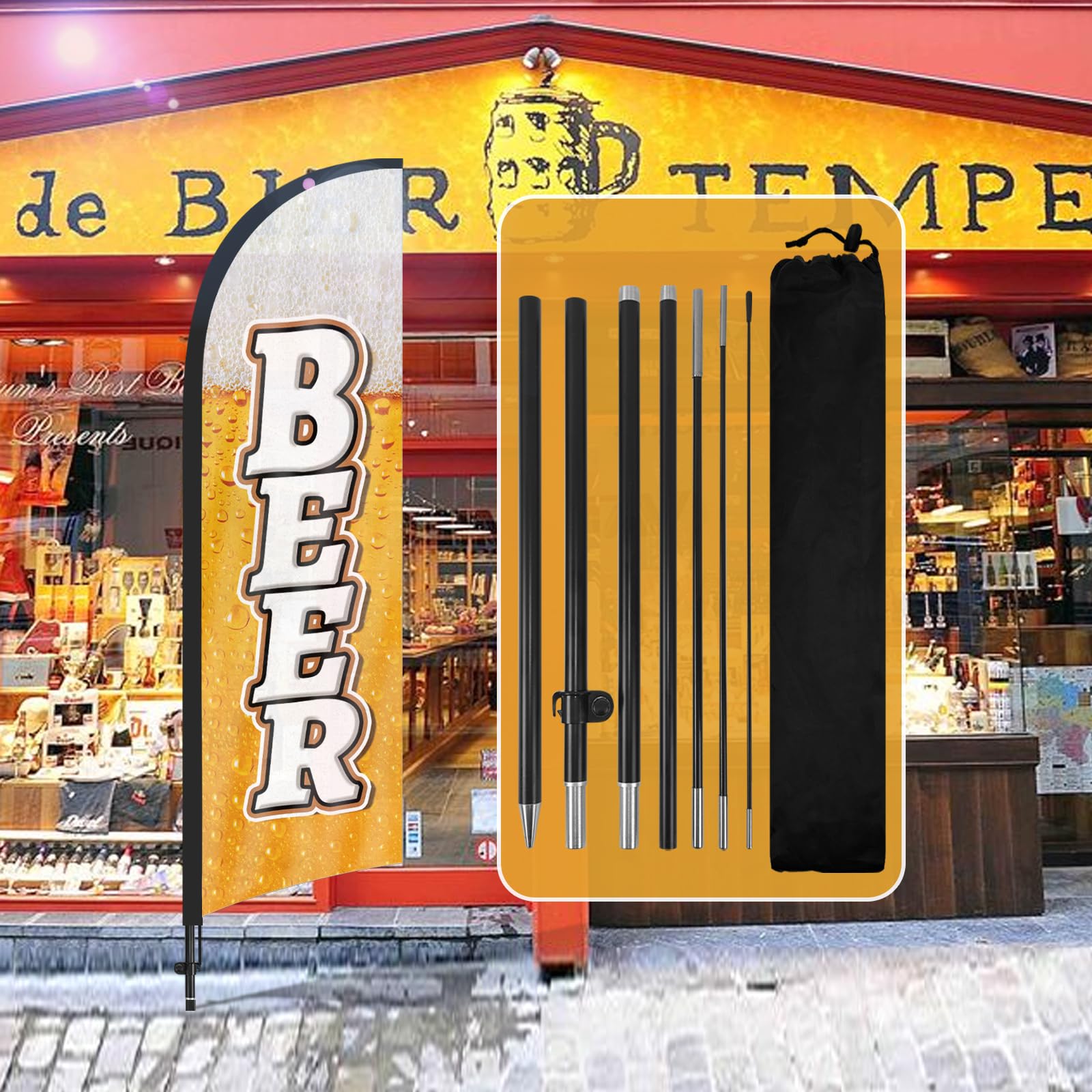 Bandiera con piume di birra, bandiera pubblicitaria per birra da 2,4 m, con kit per palo, picchetto da terra, cartelli per birra per aziende e vetrine