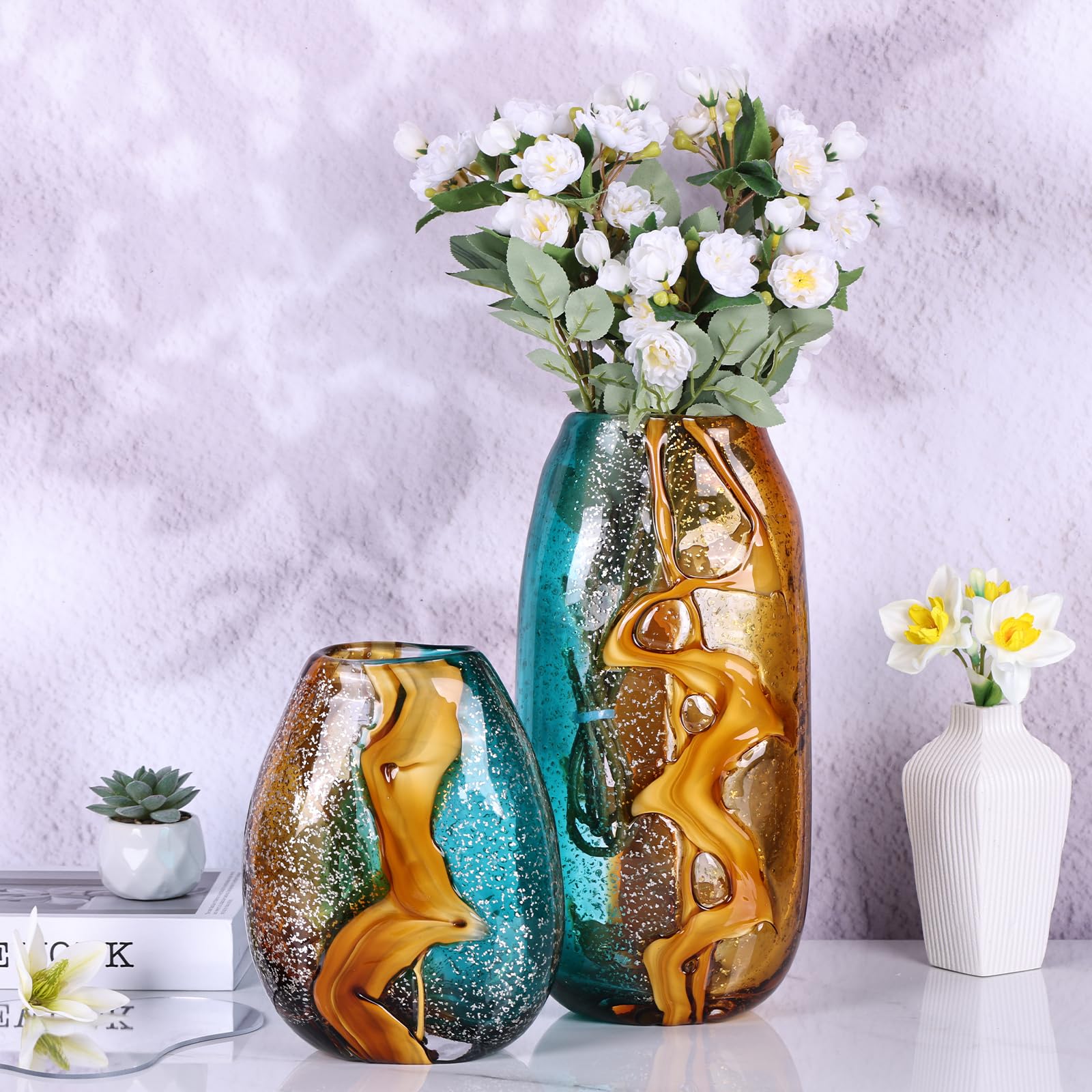 Jarrón de cristal verde azulado, jarrones de cristal verde soplado a mano, jarrones de cristal de Murano, decoración única de cristal de mesa, flores con jarrón decorativo, decoración de
