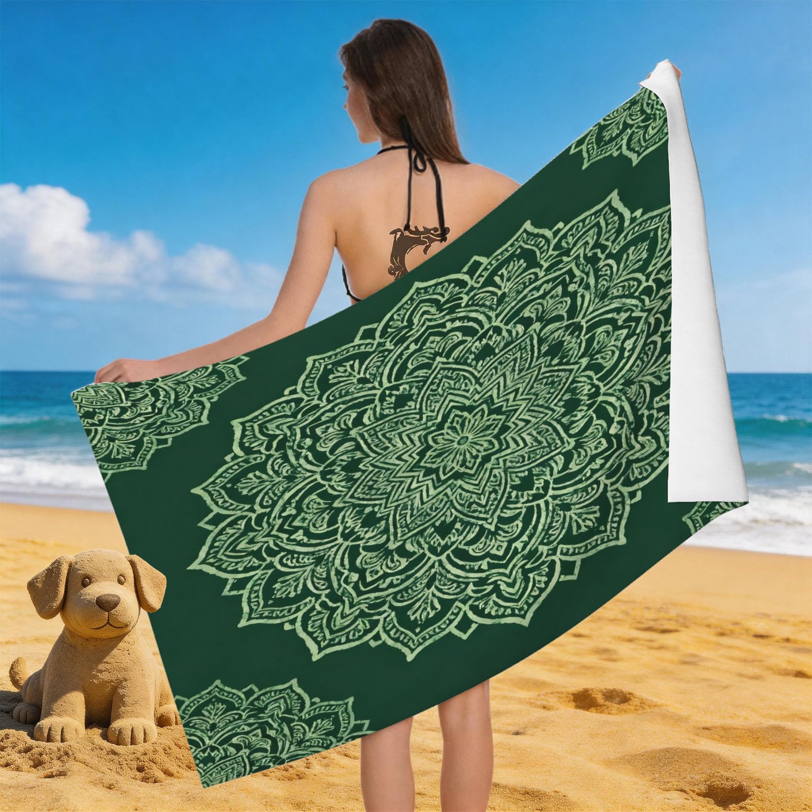 Leichong 3D Ethnic Pattern Beach Towel Large Microfiber Soft Quick Dry for Adults, Cartoon Bath Towel Lightweight Soft Absorbent for Travel Swimming Pool Sports, 80 x 160 cm