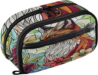 ALAZA Stained Glass Fox Flower Pencil Case Pouch Large Capacity Pencil Boxes Clear Pen Bag Organizer for Boys Girls School Supplies 3 Compartments Zipper